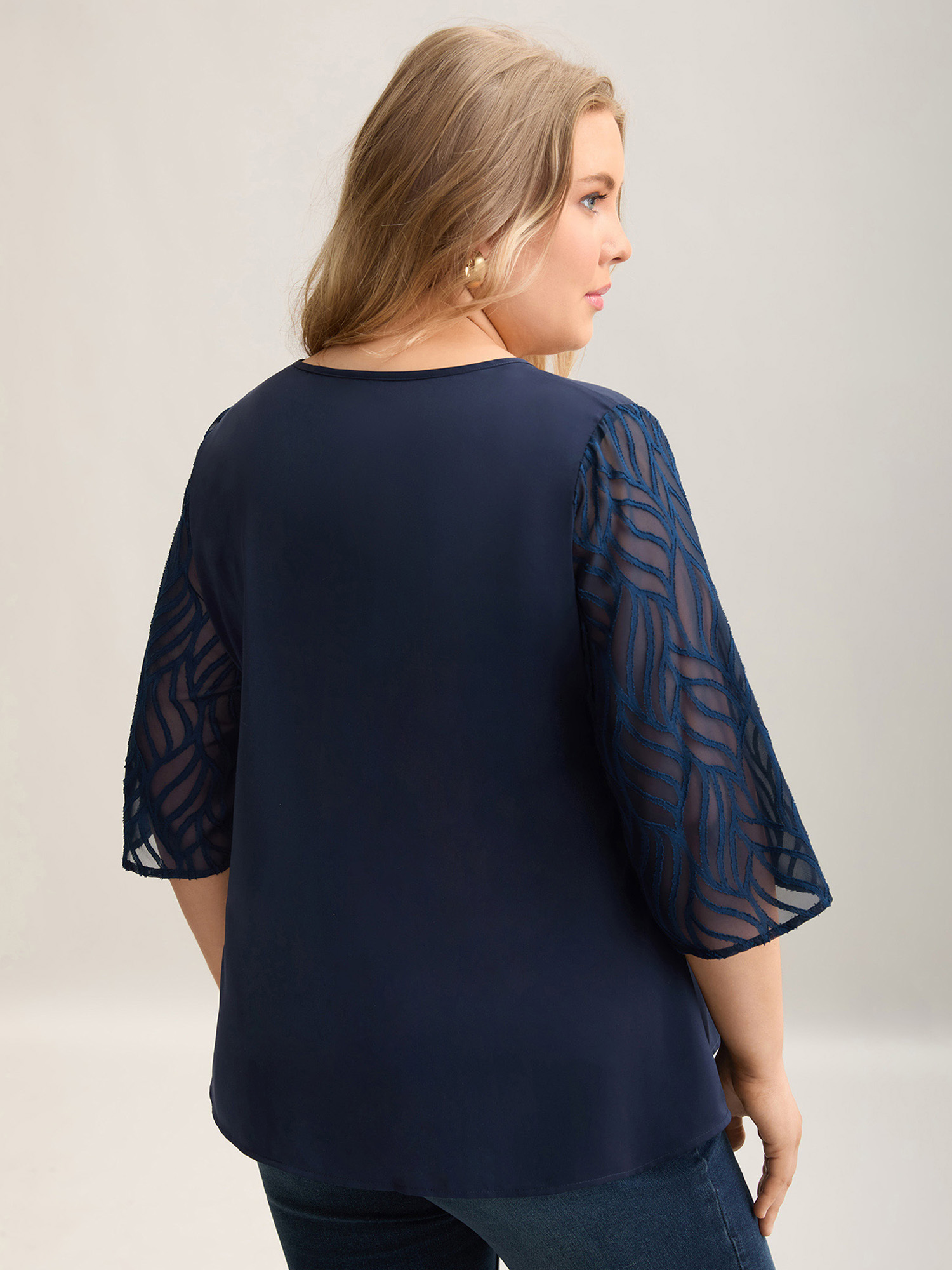 Plus Size Indigo Sheer Mesh Sleeve Spliced V-Neck Blouse Women Elegant Elbow-length sleeve V-neck Everyday Blouses BloomChic 12/L 