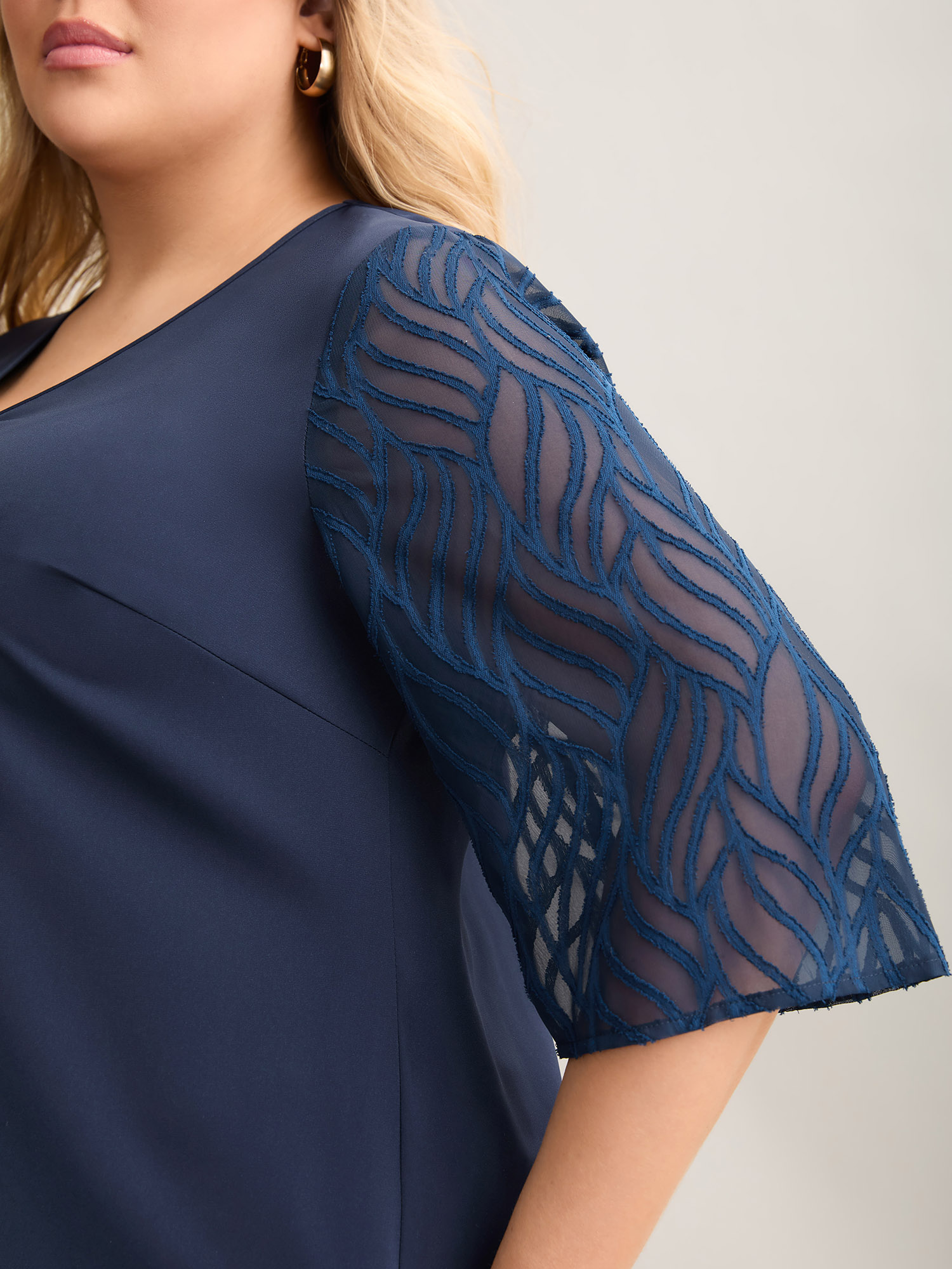 Plus Size Indigo Sheer Mesh Sleeve Spliced V-Neck Blouse Women Elegant Elbow-length sleeve V-neck Everyday Blouses BloomChic 12/L 