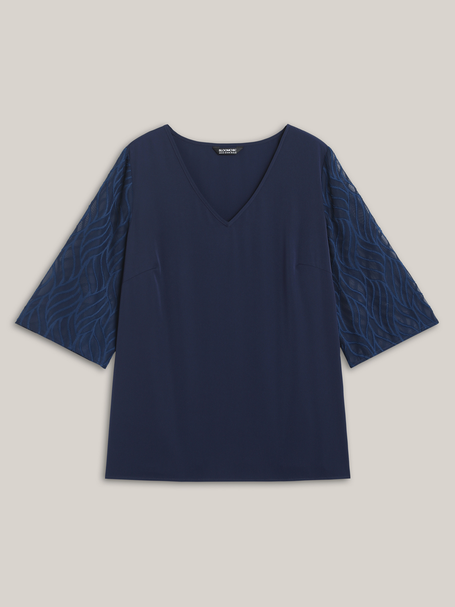 Plus Size Indigo Sheer Mesh Sleeve Spliced V-Neck Blouse Women Elegant Elbow-length sleeve V-neck Everyday Blouses BloomChic 12/L 