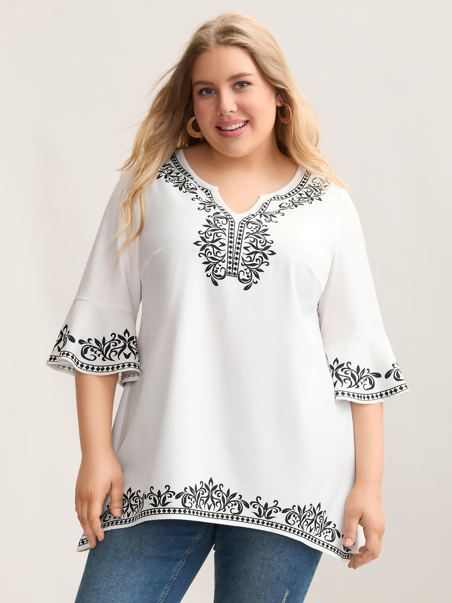 

Plus Size Originalwhite Boho Print Split Neck Relaxed Fit Blouse Women Resort Elbow-length sleeve Notched collar Vacation Blouses BloomChic