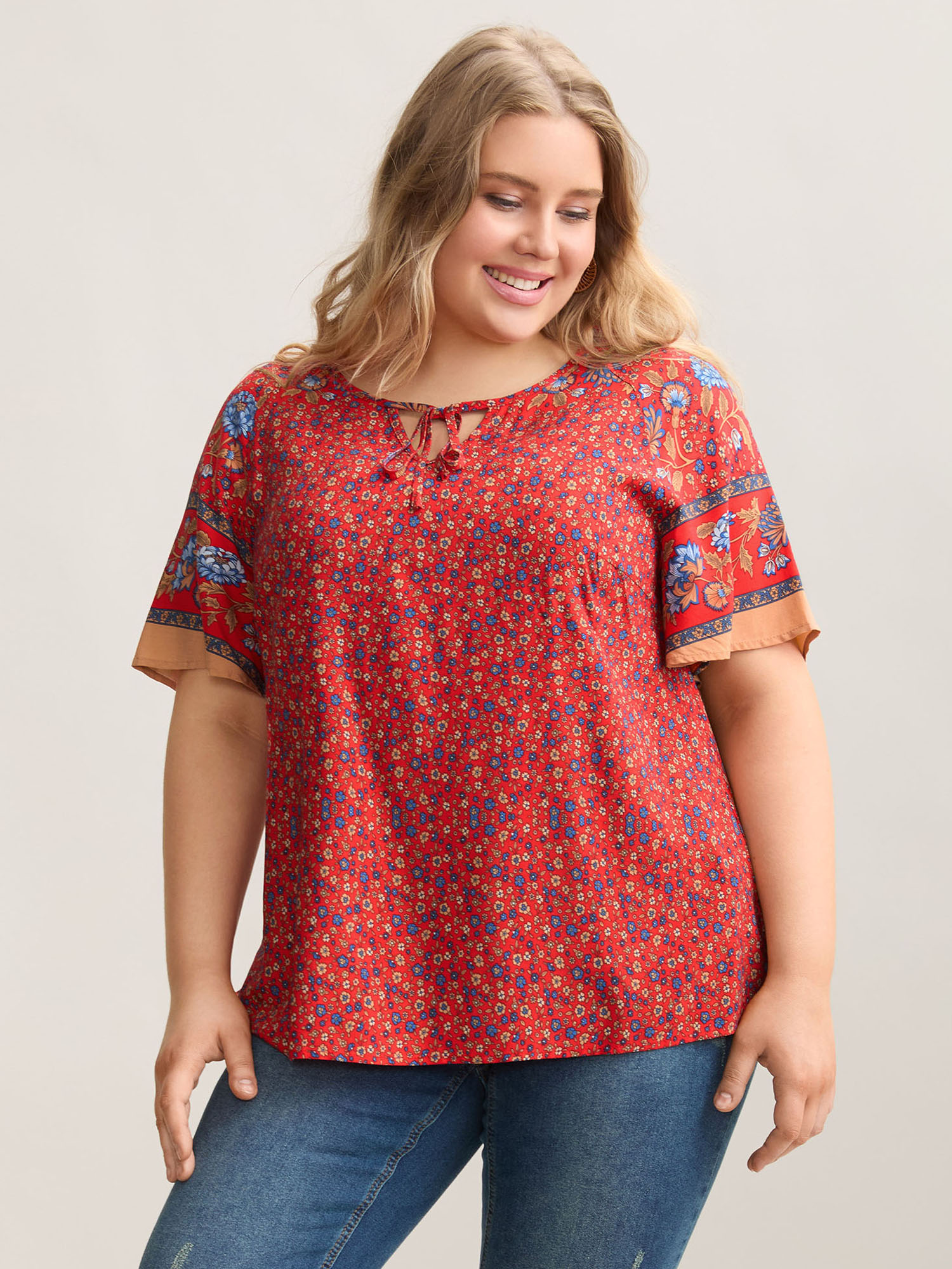 

Plus Size Raspberry Floral Print Neck Tie Half Sleeve Blouse Women Resort Short sleeve Notched collar Vacation Blouses BloomChic