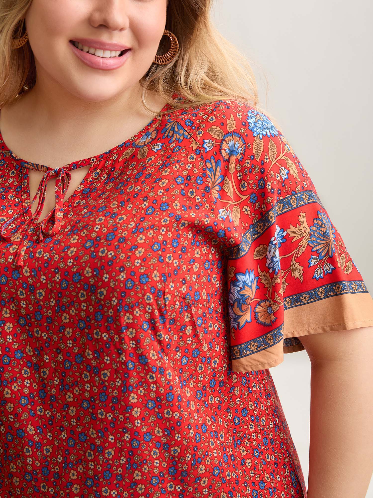 Plus Size Raspberry Floral Print Neck Tie Half Sleeve Blouse Women Resort Short sleeve Notched collar Vacation Blouses BloomChic 14-16/1X 