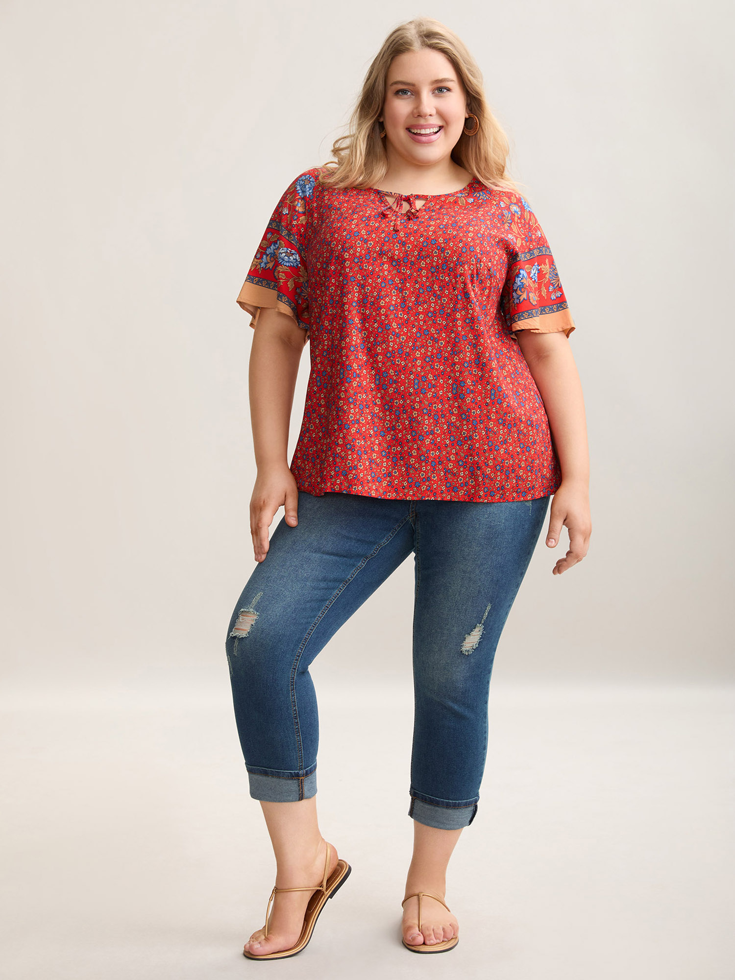 Plus Size Raspberry Floral Print Neck Tie Half Sleeve Blouse Women Resort Short sleeve Notched collar Vacation Blouses BloomChic 14-16/1X 