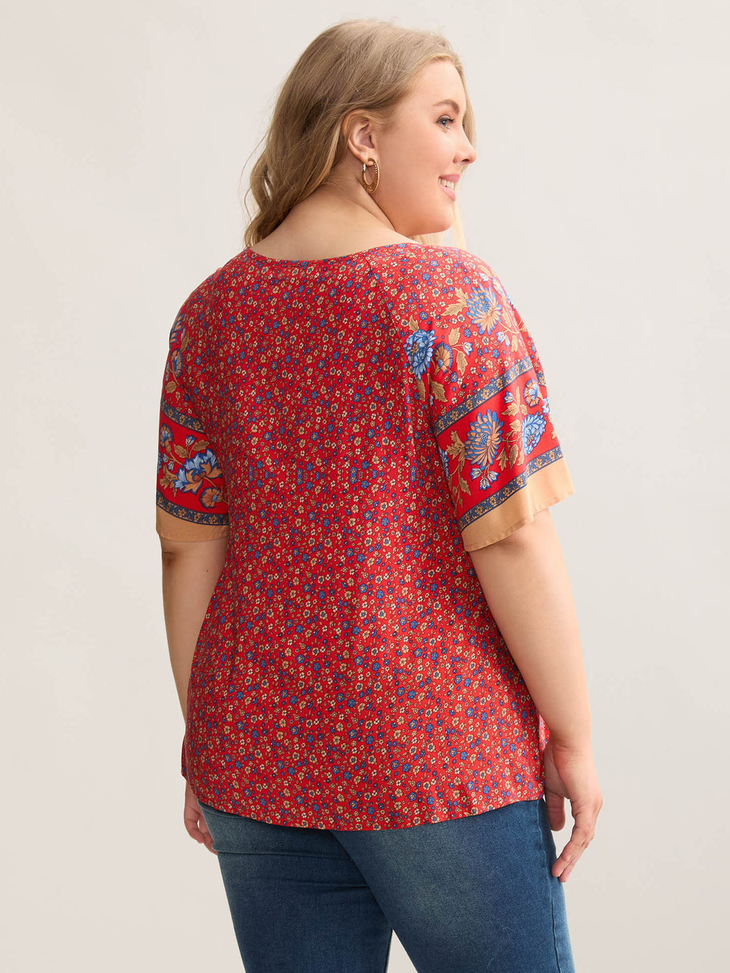 Plus Size Raspberry Floral Print Neck Tie Half Sleeve Blouse Women Resort Short sleeve Notched collar Vacation Blouses BloomChic 14-16/1X 