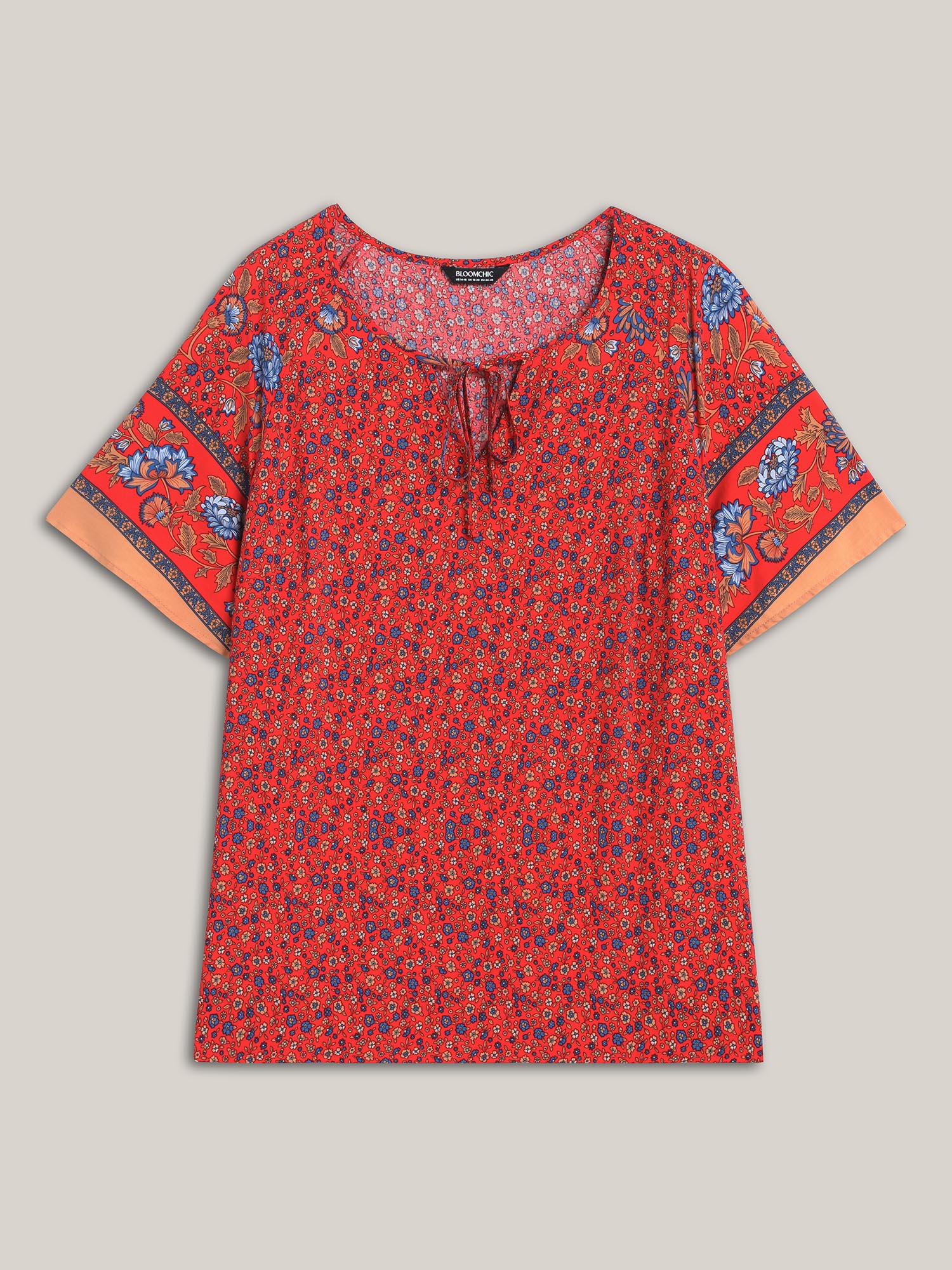 Plus Size Raspberry Floral Print Neck Tie Half Sleeve Blouse Women Resort Short sleeve Notched collar Vacation Blouses BloomChic 14-16/1X 