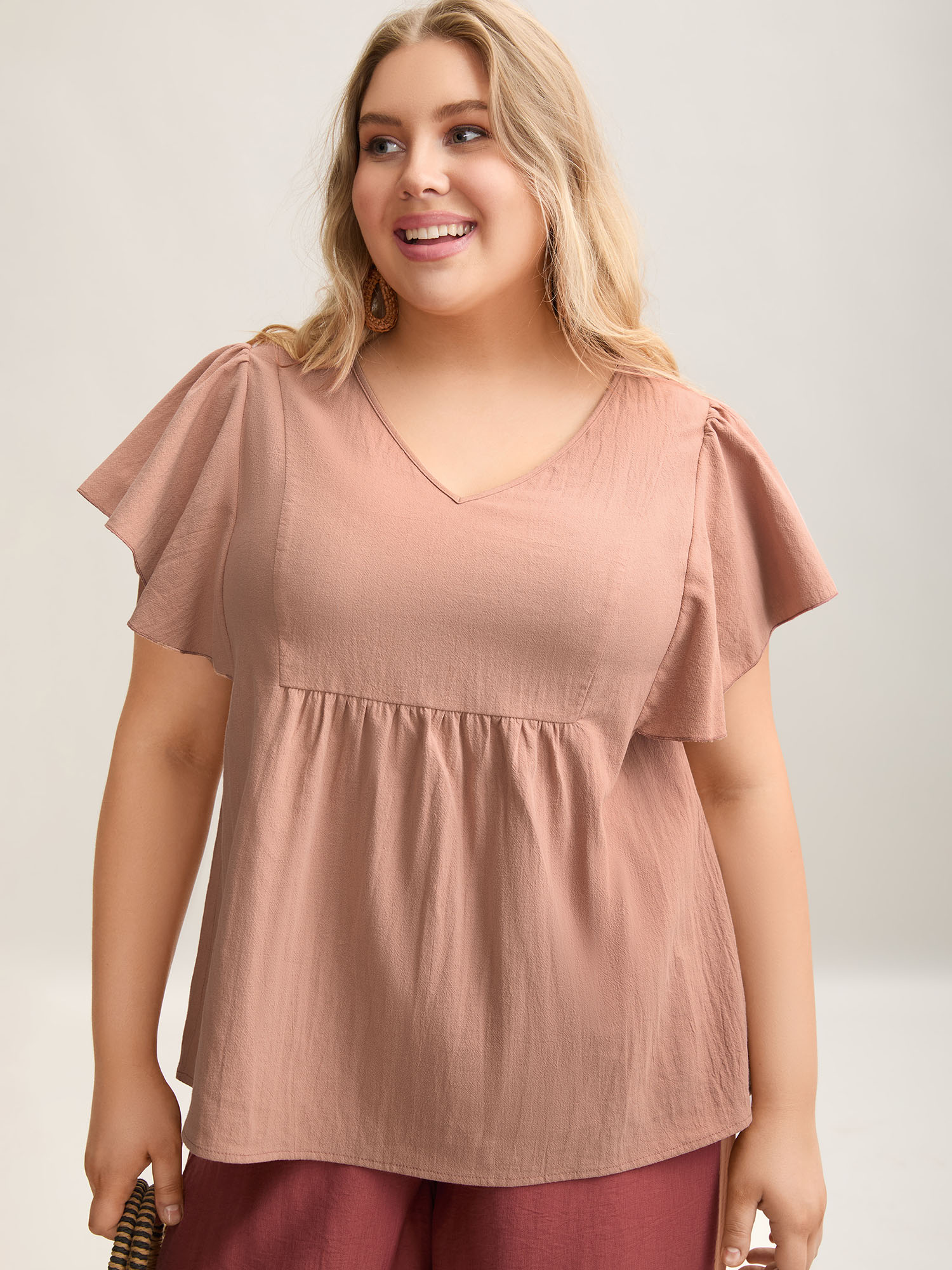 

Plus Size Crepe Pure Cotton Flutter Sleeve V-Neck Blouse Women Resort Short sleeve V-neck Vacation Blouses BloomChic