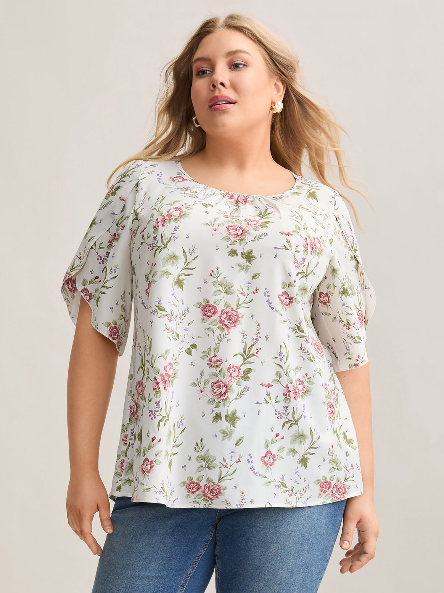 

Plus Size Ivory Floral Print Petal Sleeve Pleated Blouse Women Elegant Elbow-length sleeve Round Neck Everyday Blouses BloomChic