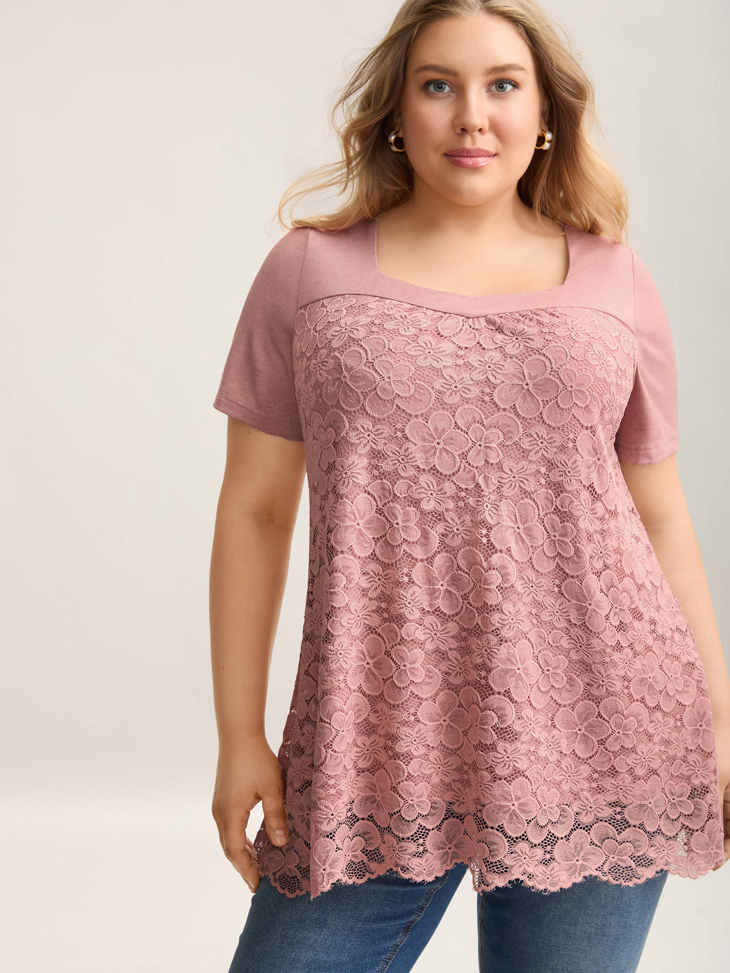 

Plus Size Stretchy Lace Spliced Sweetheart Plain Top Dirtypink Asymmetrical Neck Short sleeve Elegant Jersey Tops