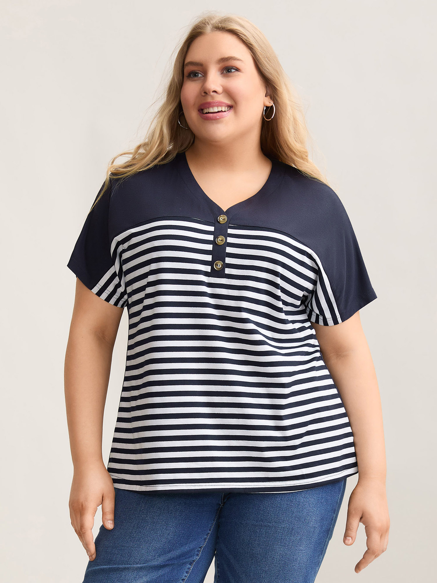 

Plus Size Stretchy Striped Button Front T-Shirt Indigo Women Casual Contrast V-neck Everyday T-shirts BloomChic