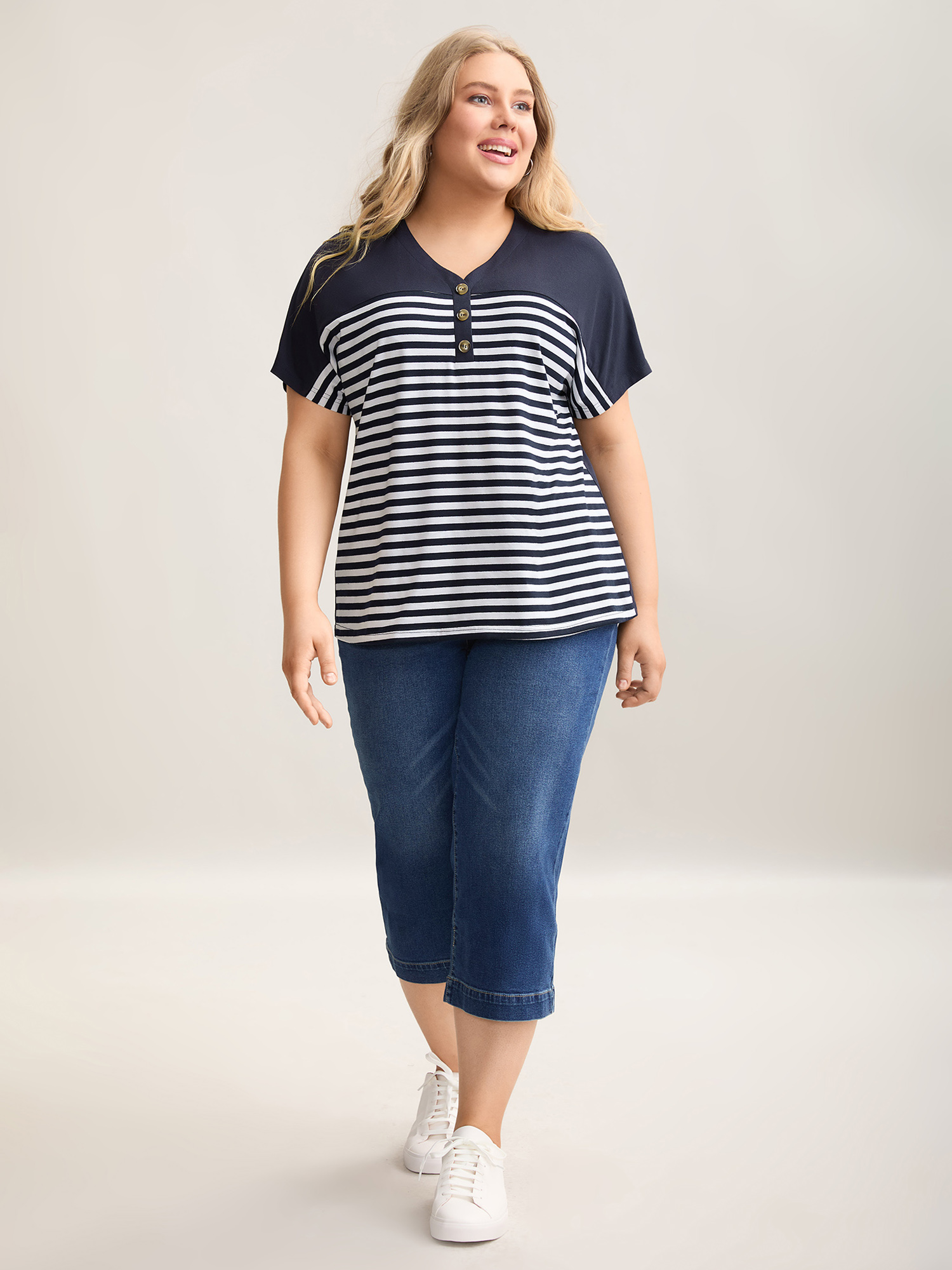 

Plus Size Stretchy Striped Button Front T-Shirt Indigo Women Casual Contrast V-neck Everyday T-shirts BloomChic