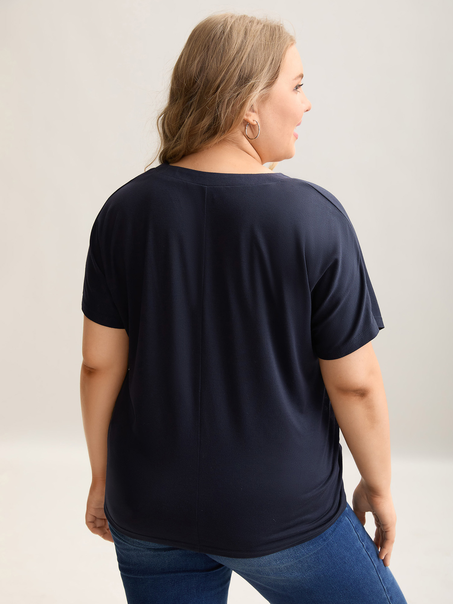 Plus Size Stretchy Striped Button Front T-Shirt Indigo Women Casual Contrast V-neck Everyday T-shirts BloomChic 30/6X 