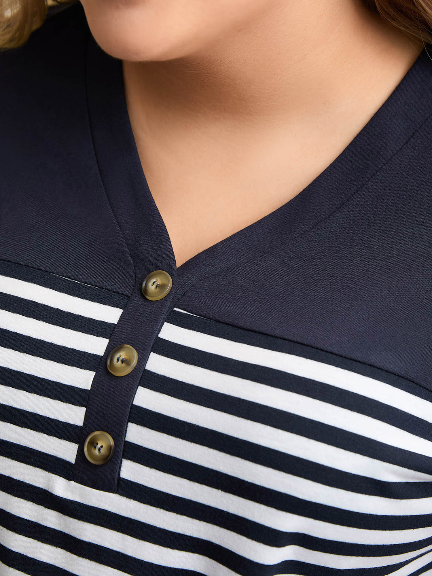 Plus Size Stretchy Striped Button Front T-Shirt Indigo Women Casual Contrast V-neck Everyday T-shirts BloomChic 30/6X 