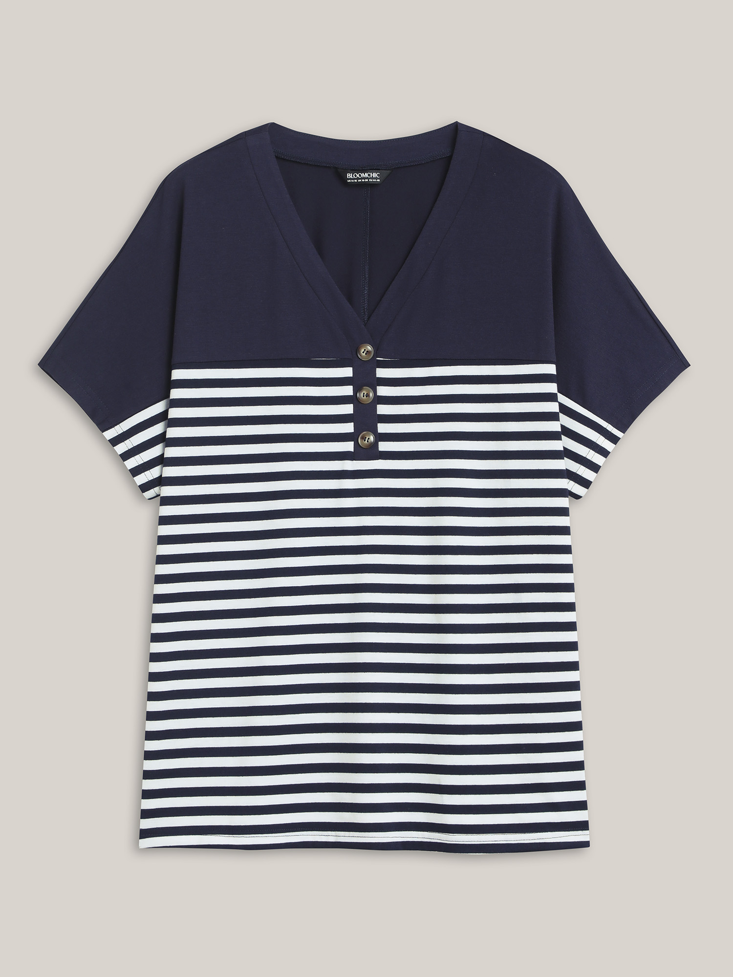 Plus Size Stretchy Striped Button Front T-Shirt Indigo Women Casual Contrast V-neck Everyday T-shirts BloomChic 30/6X 