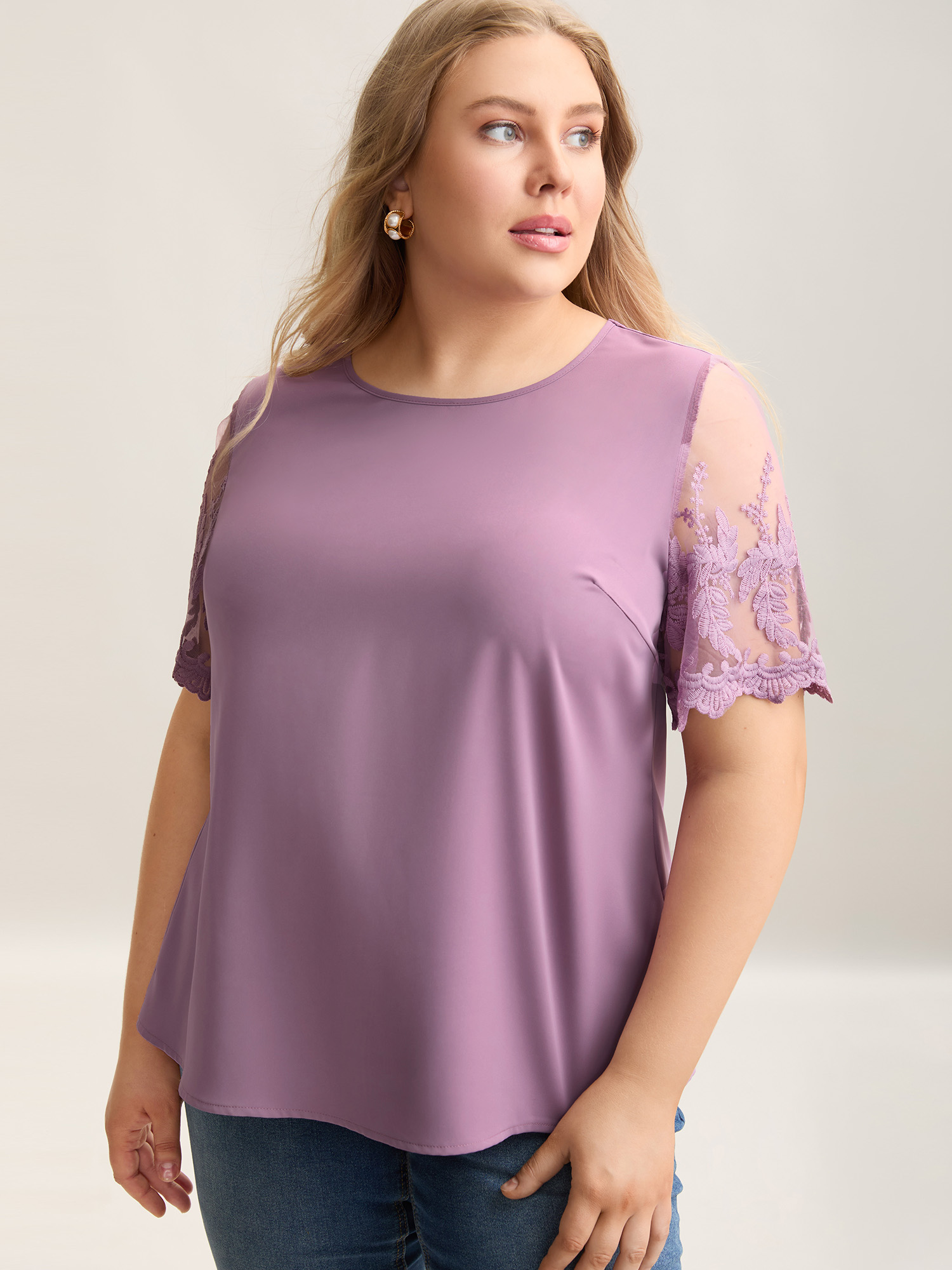 

Plus Size Lilac Spliced Sheer Sleeve Plain Curvy Fit Blouse Women Elegant Short sleeve Round Neck Everyday Blouses BloomChic