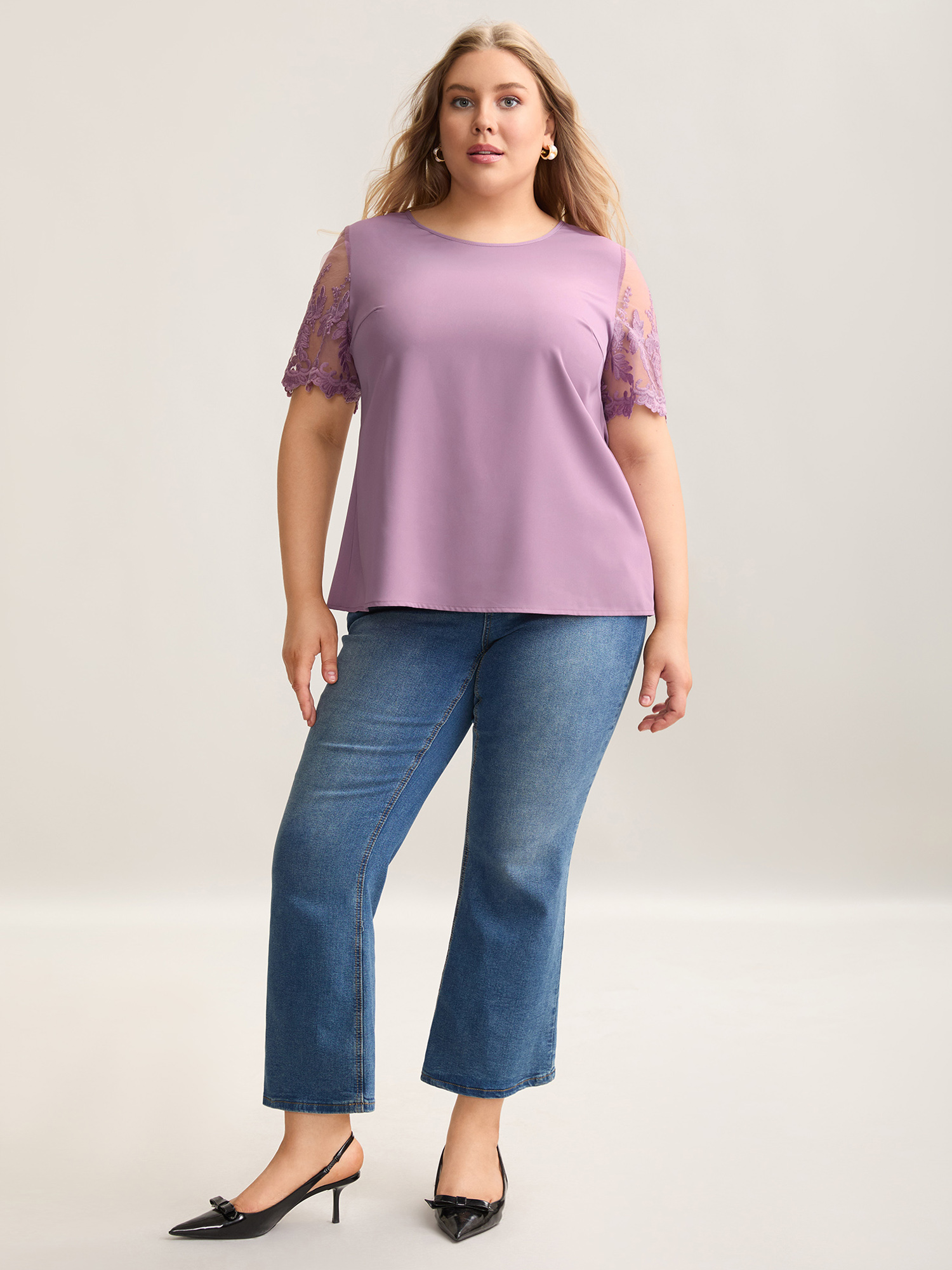 Plus Size Lilac Spliced Sheer Sleeve Plain Curvy Fit Blouse Women Elegant Short sleeve Round Neck Everyday Blouses BloomChic 28/5X 