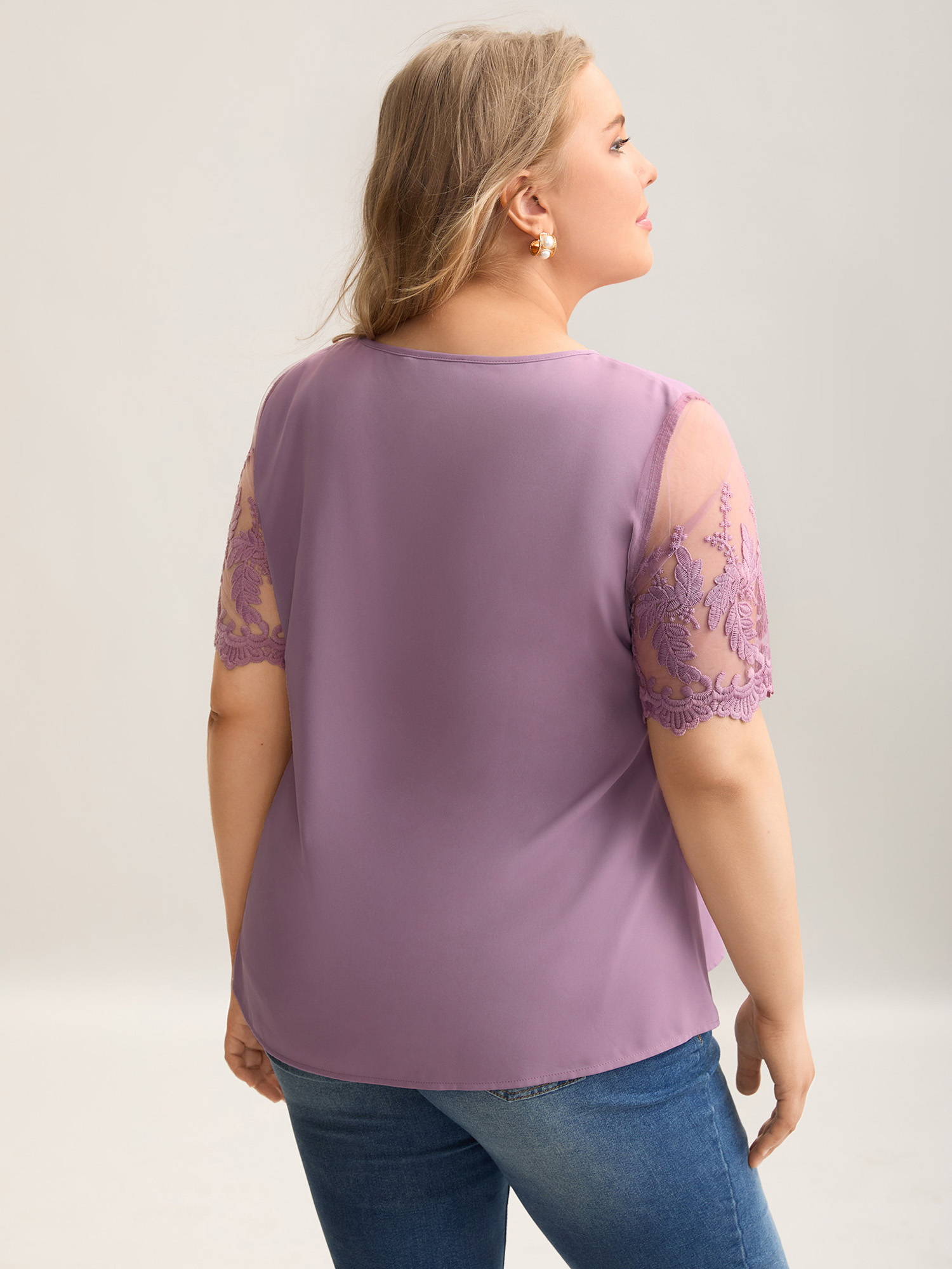 Plus Size Lilac Spliced Sheer Sleeve Plain Curvy Fit Blouse Women Elegant Short sleeve Round Neck Everyday Blouses BloomChic 28/5X 