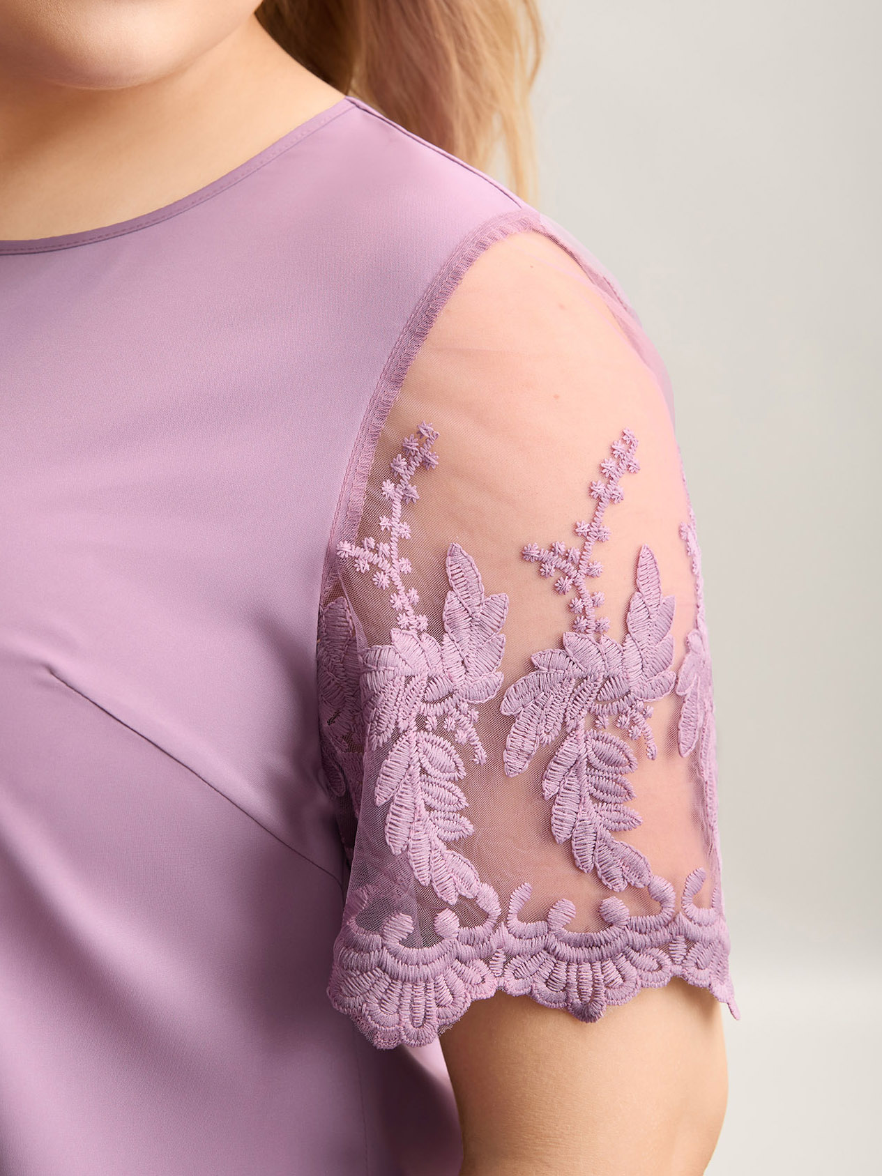 Plus Size Lilac Spliced Sheer Sleeve Plain Curvy Fit Blouse Women Elegant Short sleeve Round Neck Everyday Blouses BloomChic 28/5X 