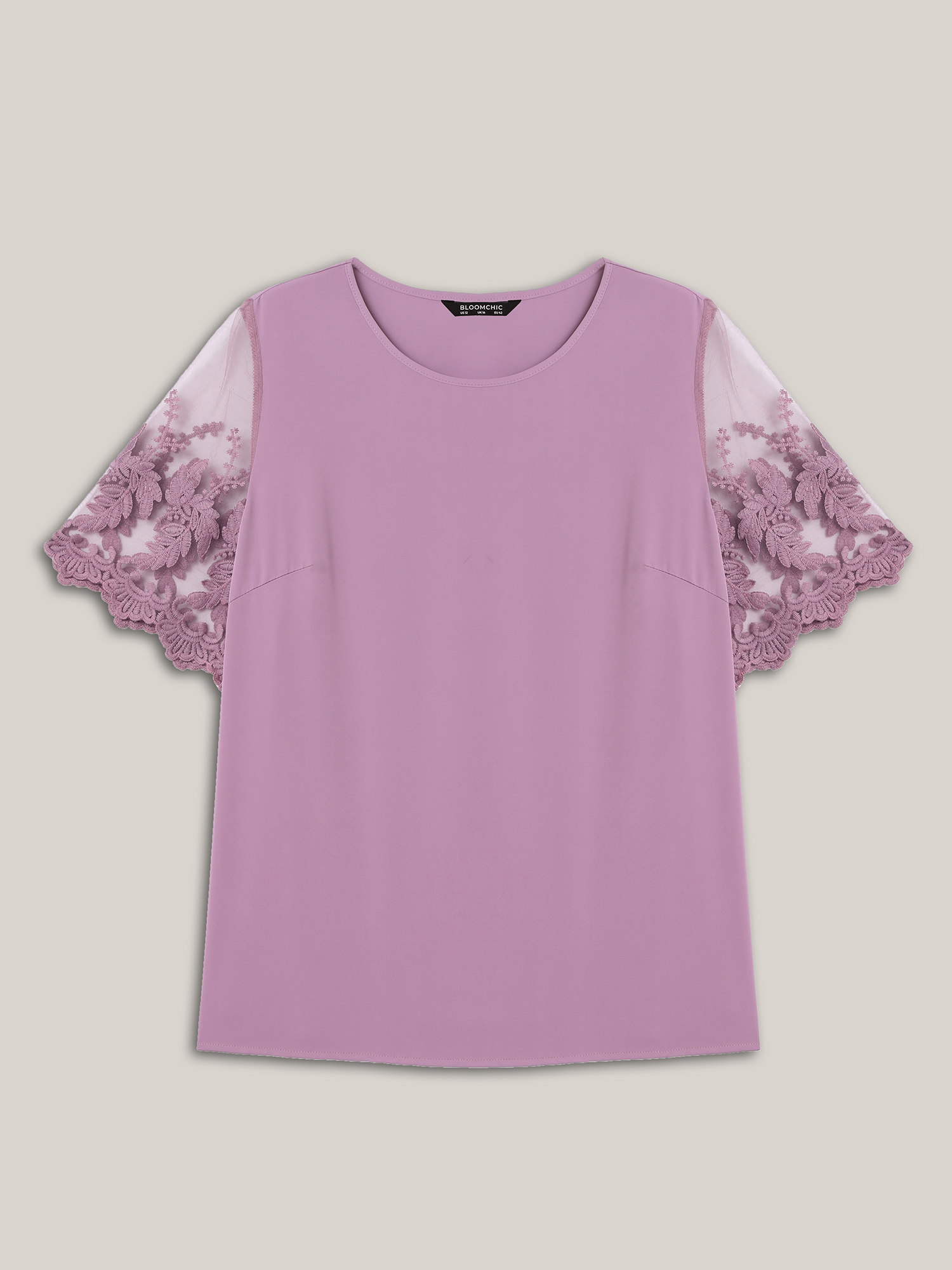 Plus Size Lilac Spliced Sheer Sleeve Plain Curvy Fit Blouse Women Elegant Short sleeve Round Neck Everyday Blouses BloomChic 28/5X 