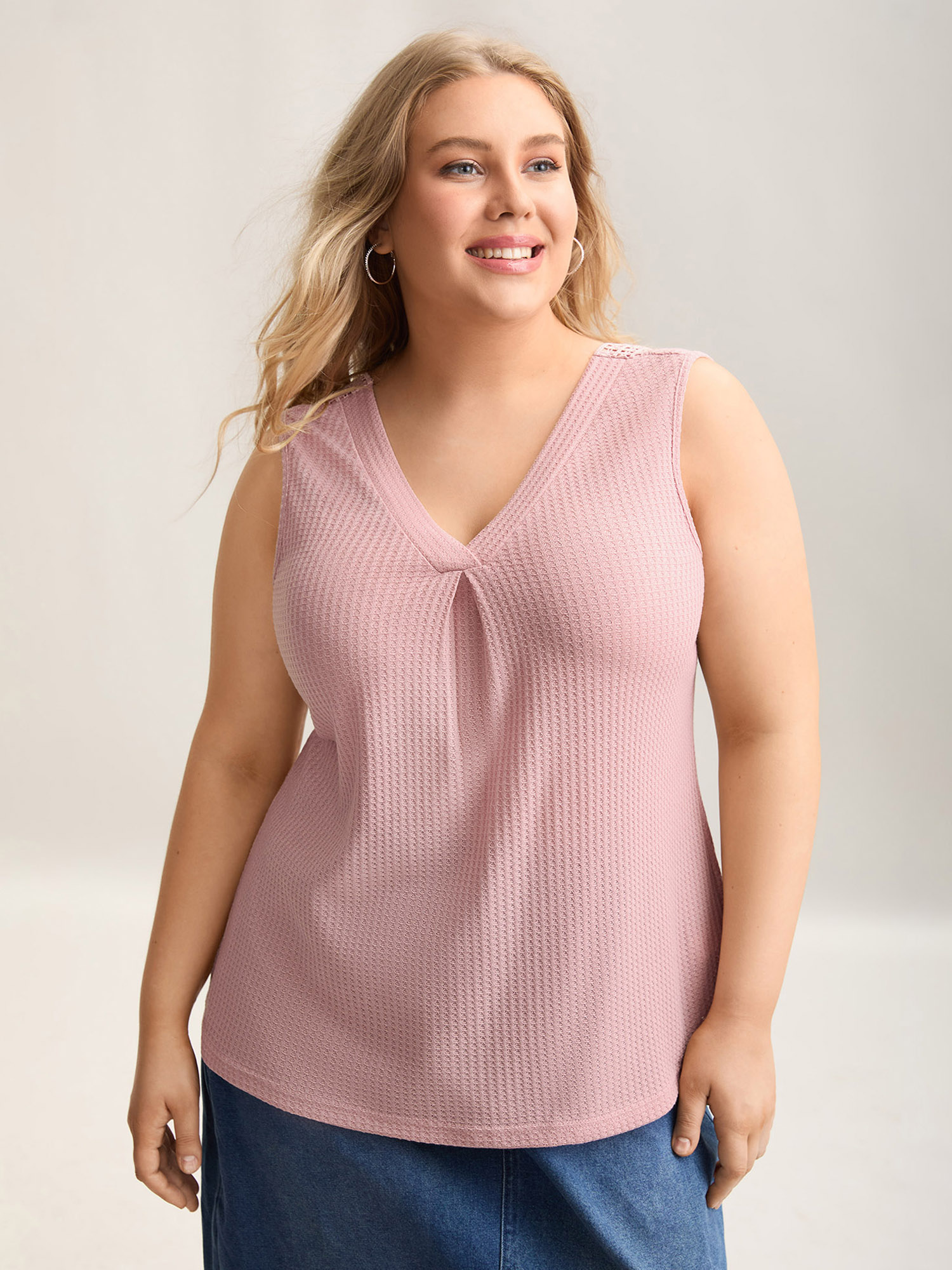 

Plus Size Hollow Back Slim-Fit Pleated Sleeveless Top Women Crepe Casual Texture V-neck Everyday Tank Tops Camis BloomChic