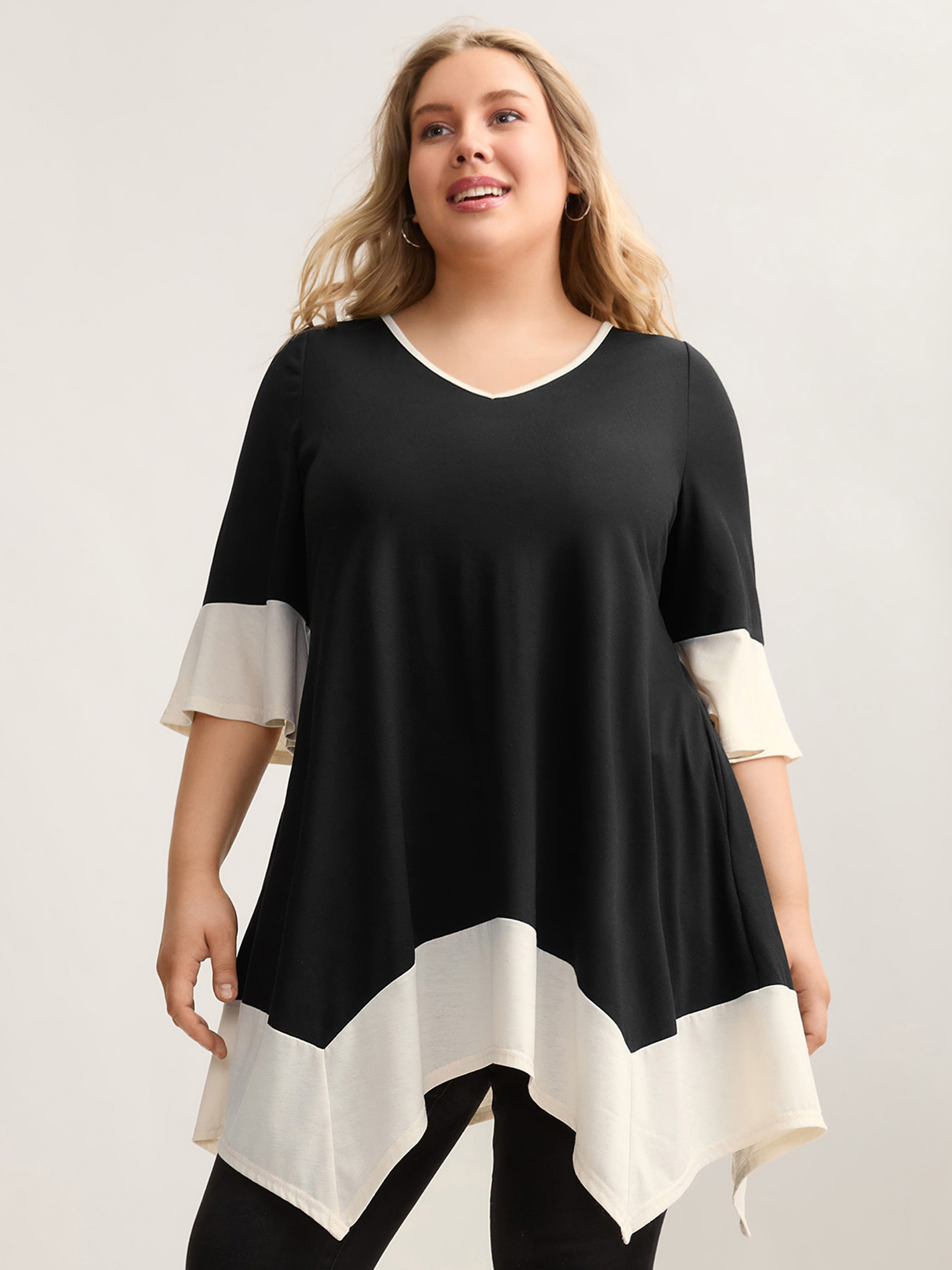 

Plus Size Color Block Hi Low Hem Plain Top Black Heart neckline Elbow-length sleeve Casual Jersey Tops