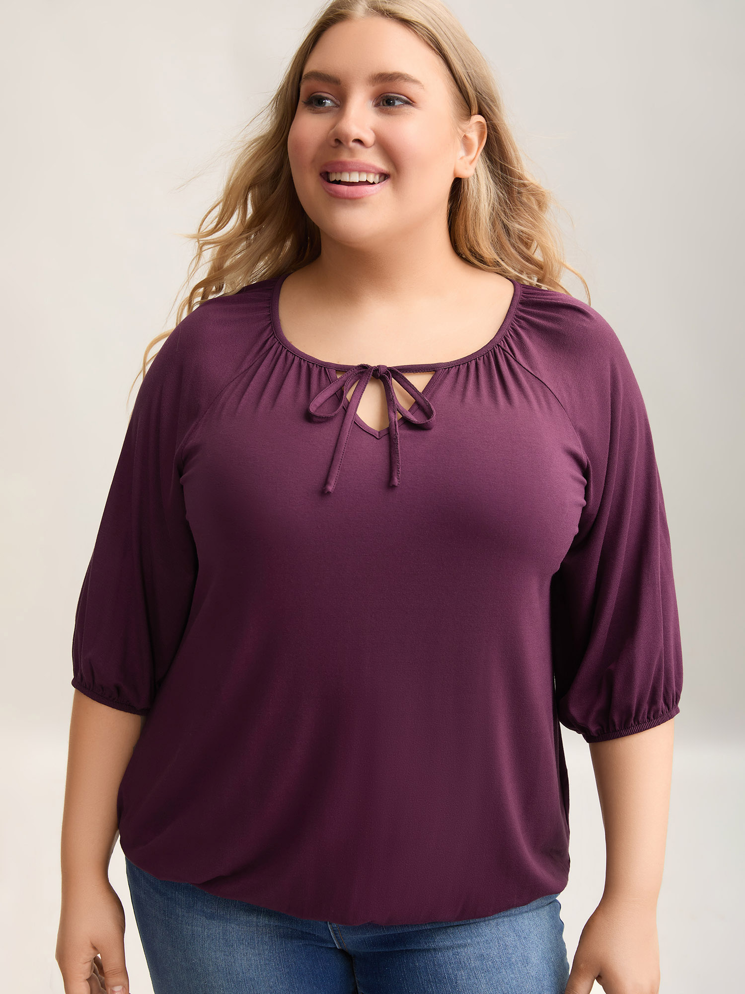 

Plus Size Adjustable Neck Ties O-Style T-Shirt Plum Women Casual Tie knot Boat Neck Loose Everyday T-shirts BloomChic