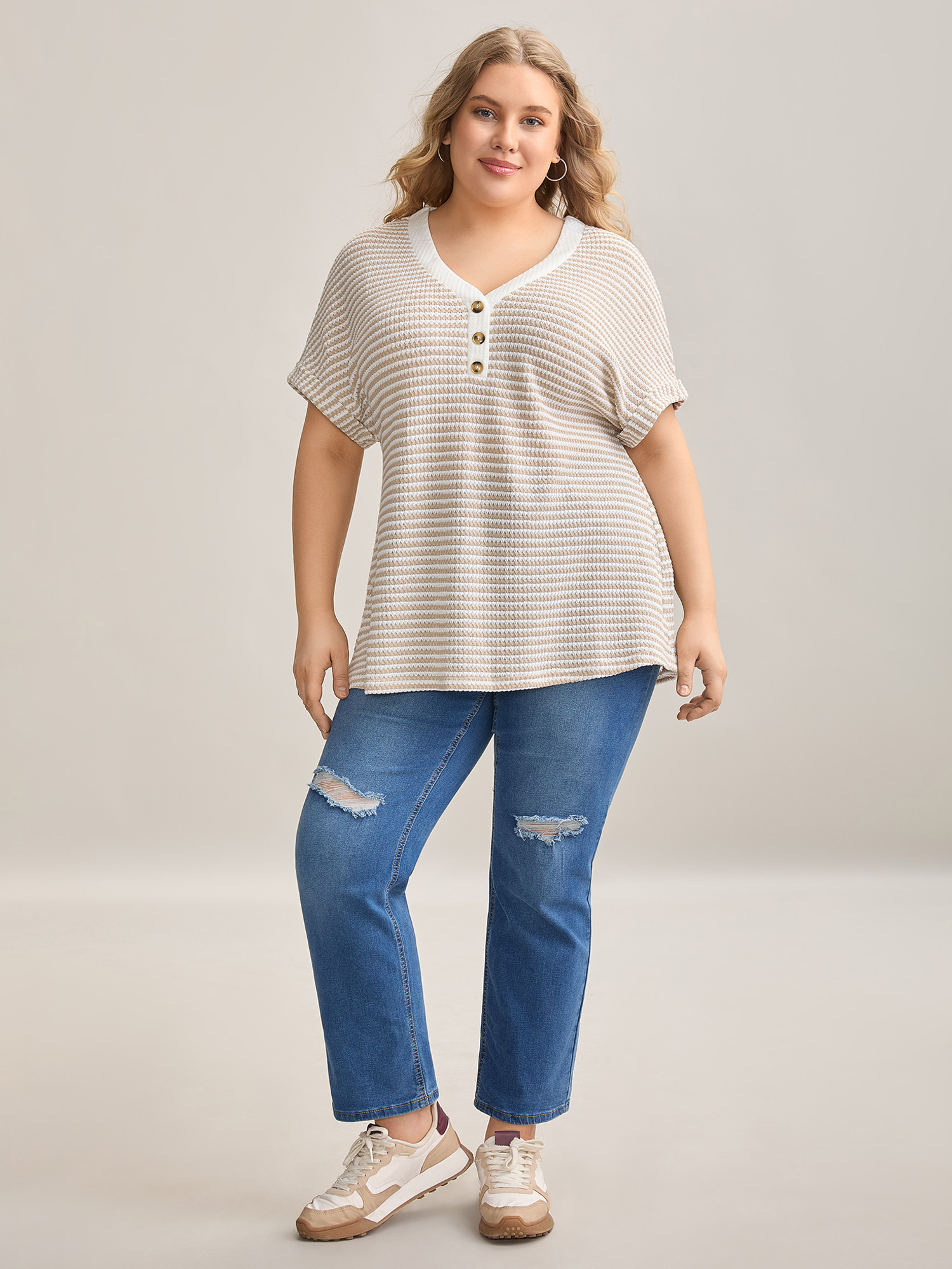 Plus Size Striped Half Placket Waffle T-Shirt Apricot Women Casual Texture V-neck Everyday T-shirts BloomChic 22-24/3X 