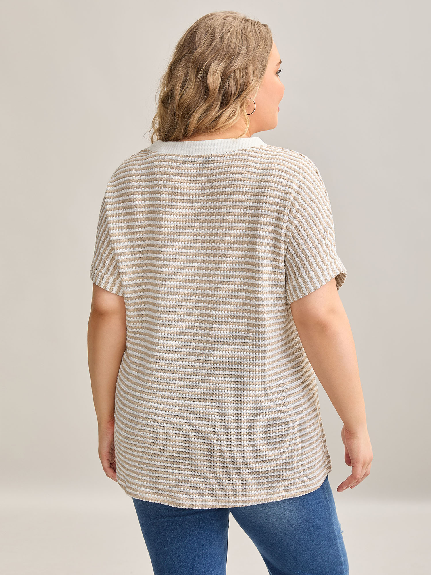 Plus Size Striped Half Placket Waffle T-Shirt Apricot Women Casual Texture V-neck Everyday T-shirts BloomChic 22-24/3X 