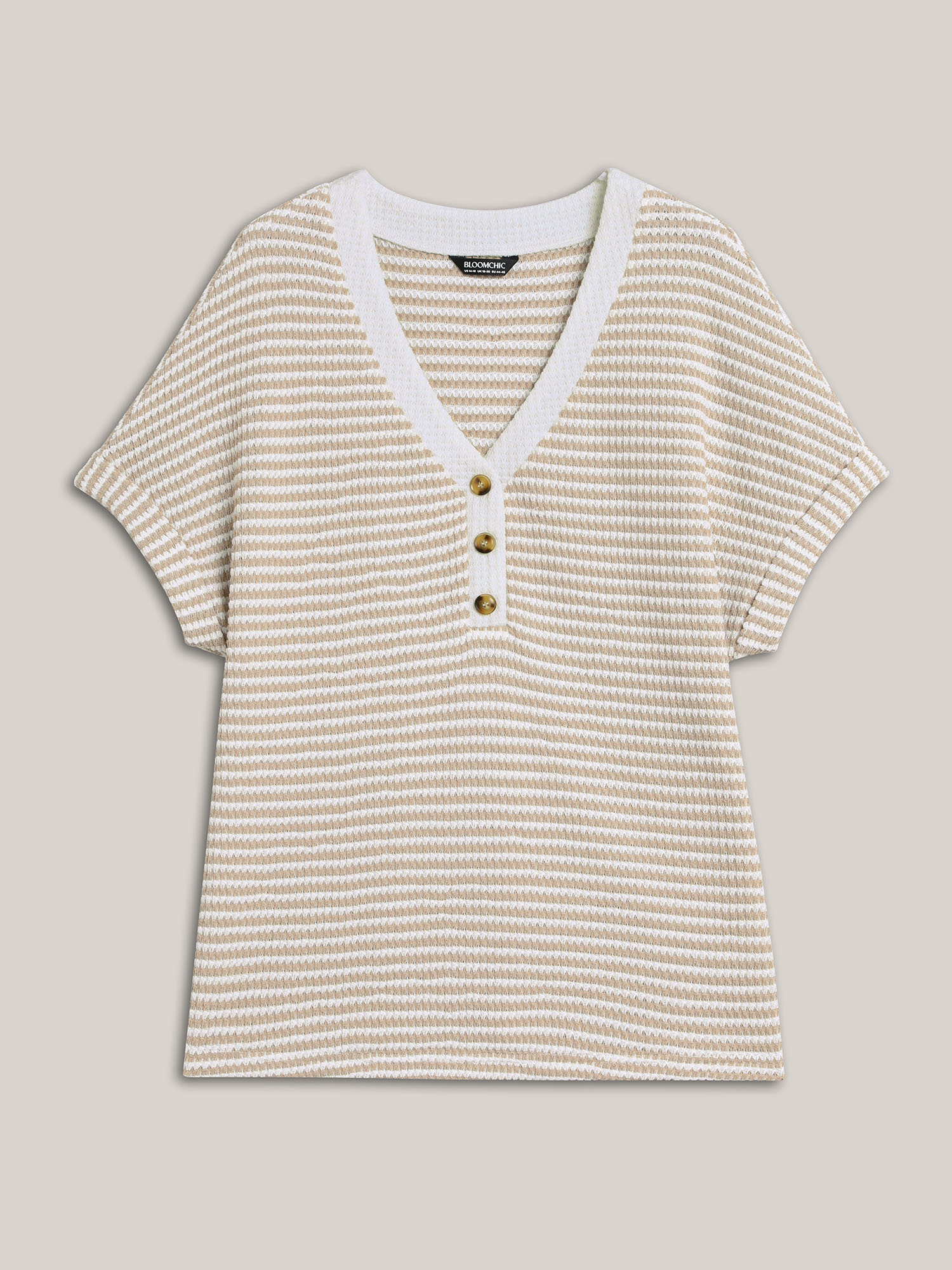 Plus Size Striped Half Placket Waffle T-Shirt Apricot Women Casual Texture V-neck Everyday T-shirts BloomChic 22-24/3X 