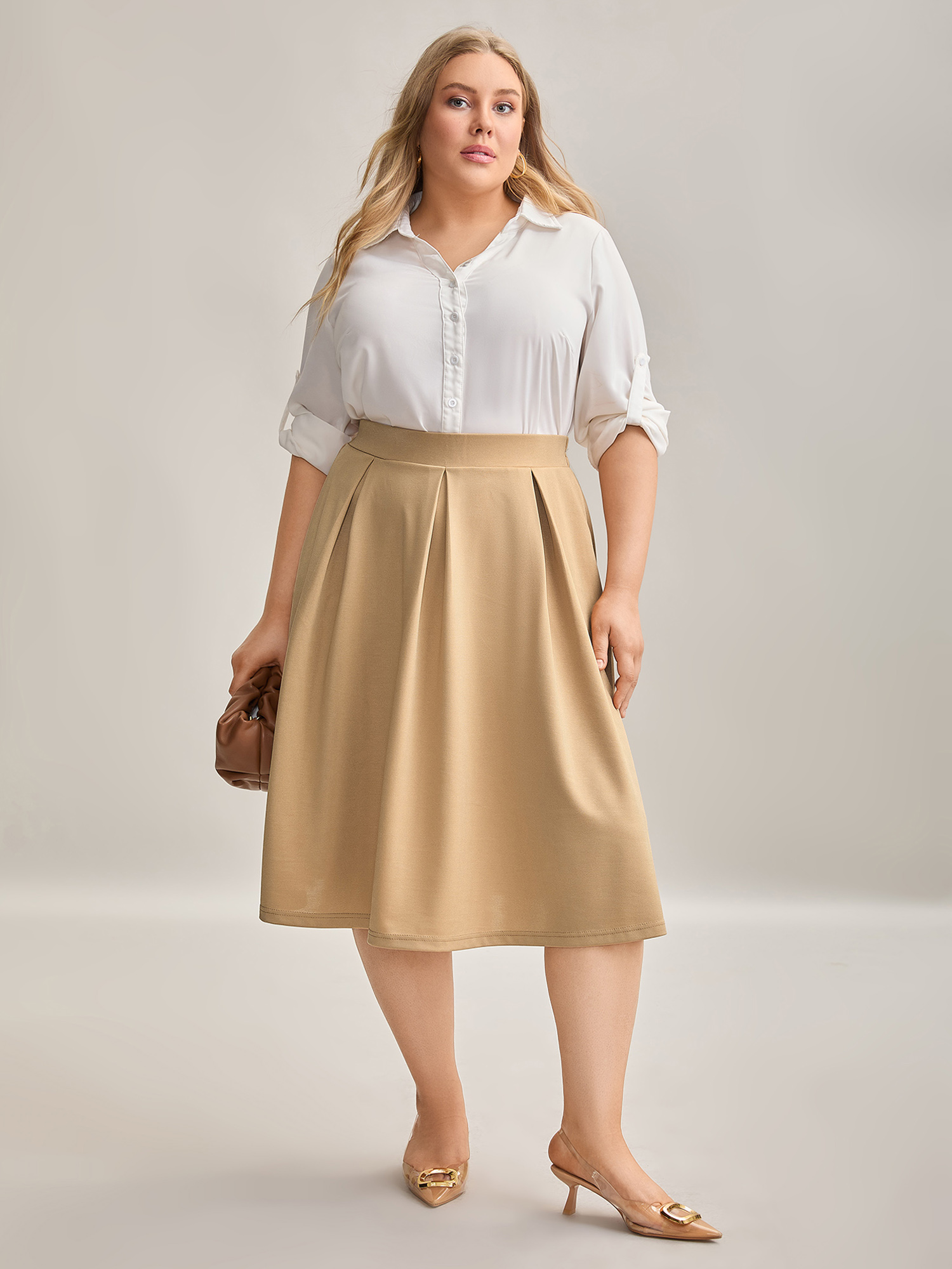 

Plus Size Plain Stretchy Waist Pleated Midi Skirt Women Champagne At the Office Pleated Medium stretch Side seam pocket Work Skirts BloomChic