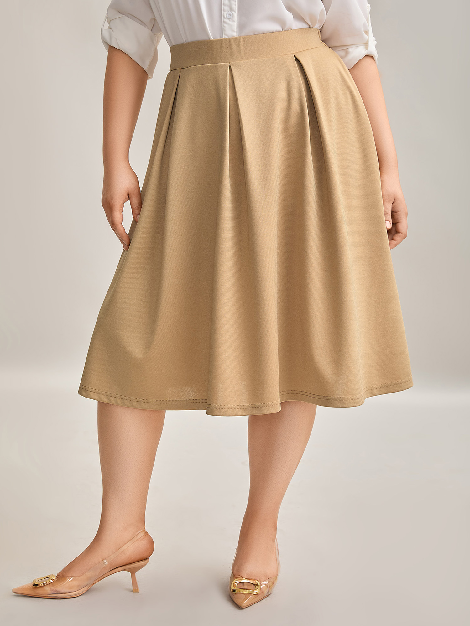 Plus Size Plain Stretchy Waist Pleated Midi Skirt Women Champagne At the Office Pleated Medium stretch Side seam pocket Work Skirts BloomChic 10/M 