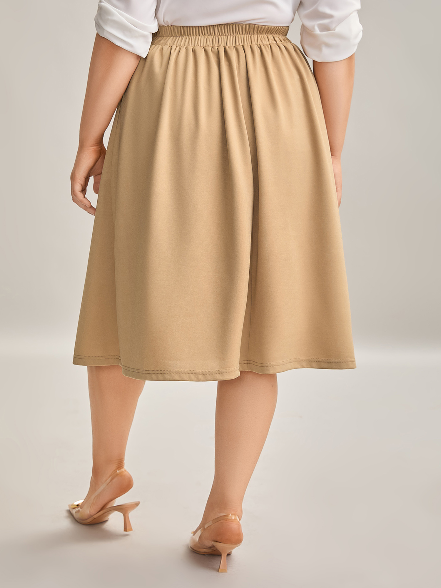 Plus Size Plain Stretchy Waist Pleated Midi Skirt Women Champagne At the Office Pleated Medium stretch Side seam pocket Work Skirts BloomChic 10/M 