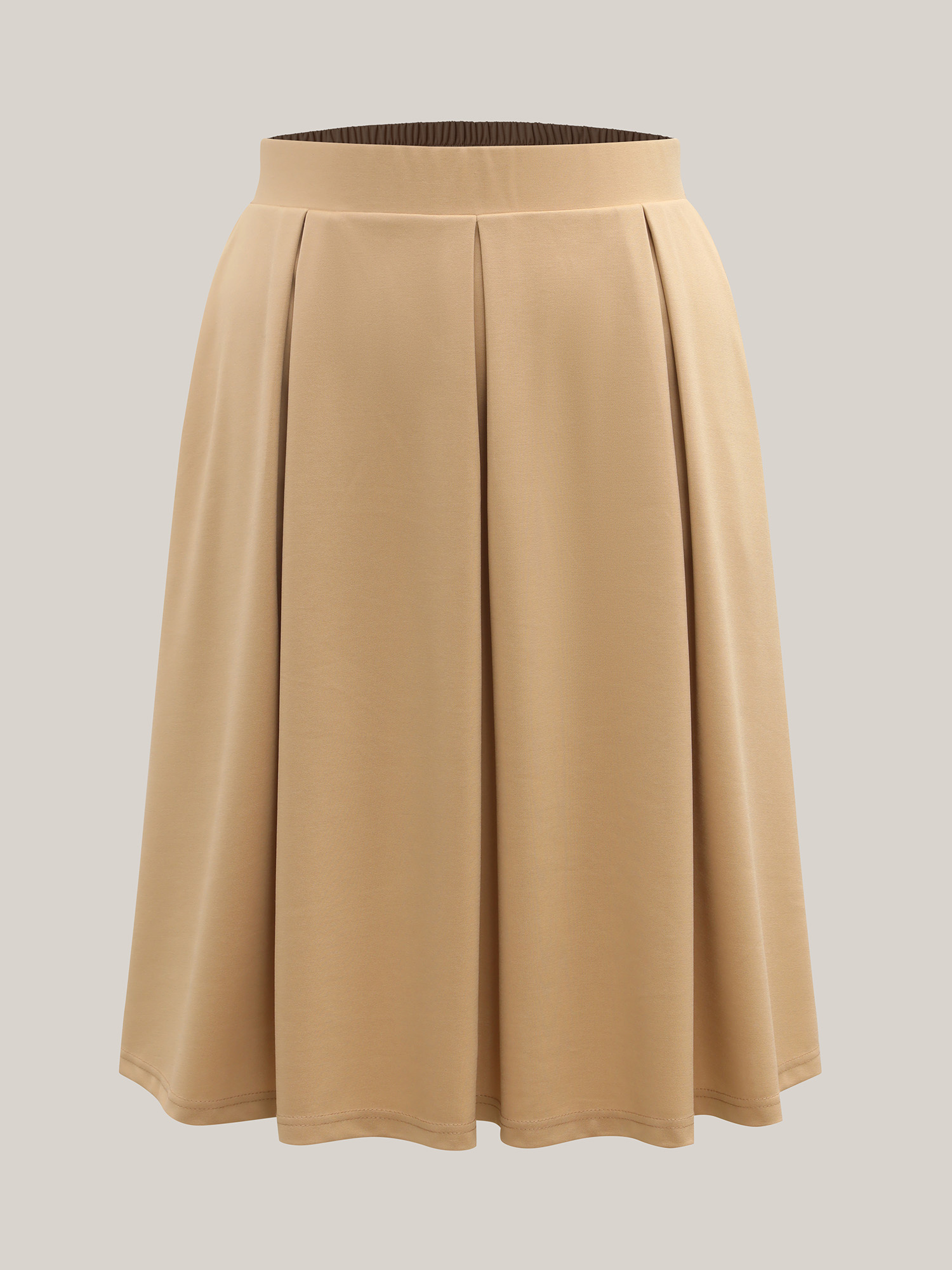 

Plus Size Plain Stretchy Waist Pleated Midi Skirt Women Champagne At the Office Pleated Medium stretch Side seam pocket Work Skirts BloomChic