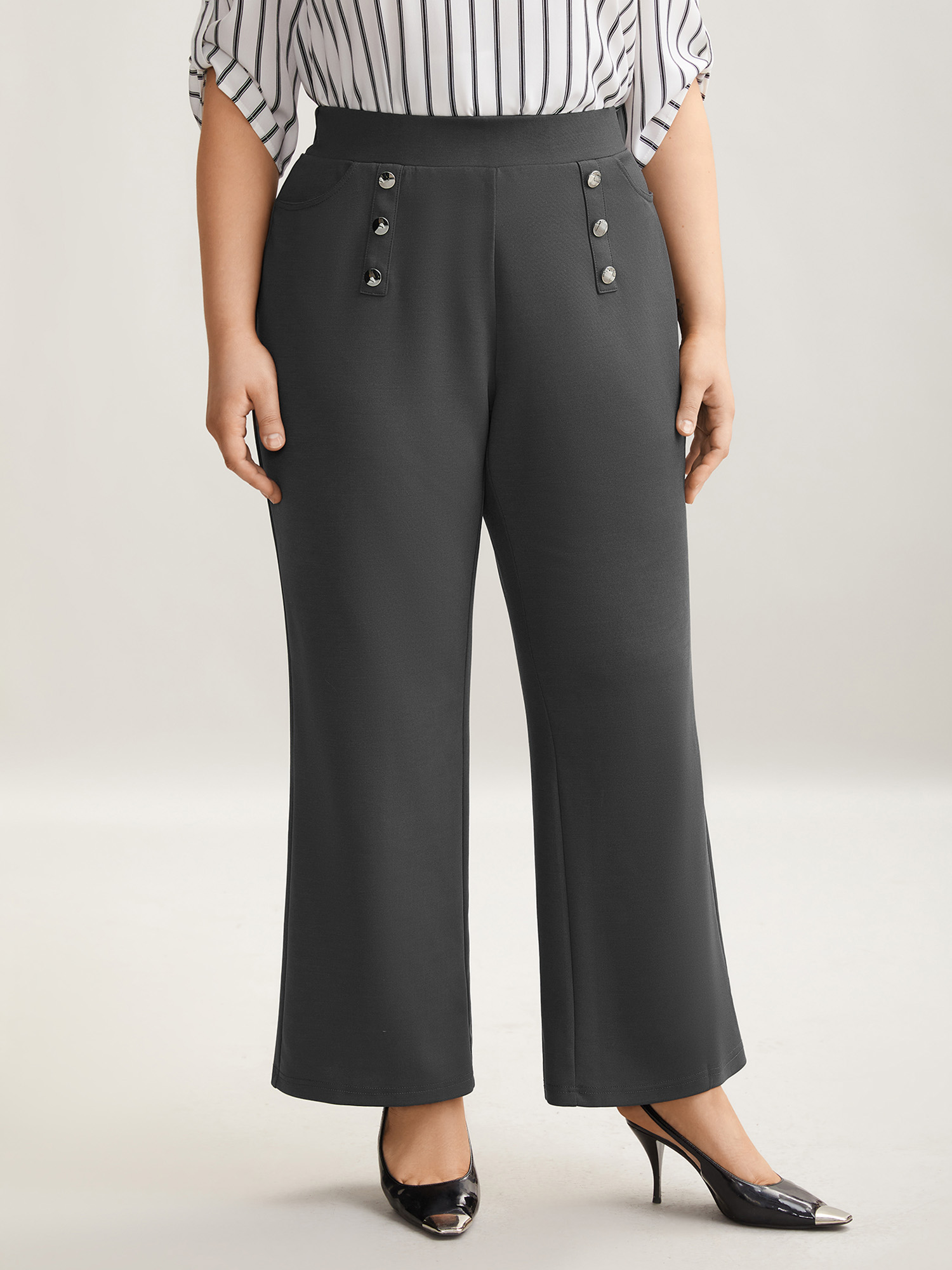 

Plus Size Button No-Waist Gap Pull On Pants Women DimGray At the Office Bootcut Mid Rise Work Pants BloomChic