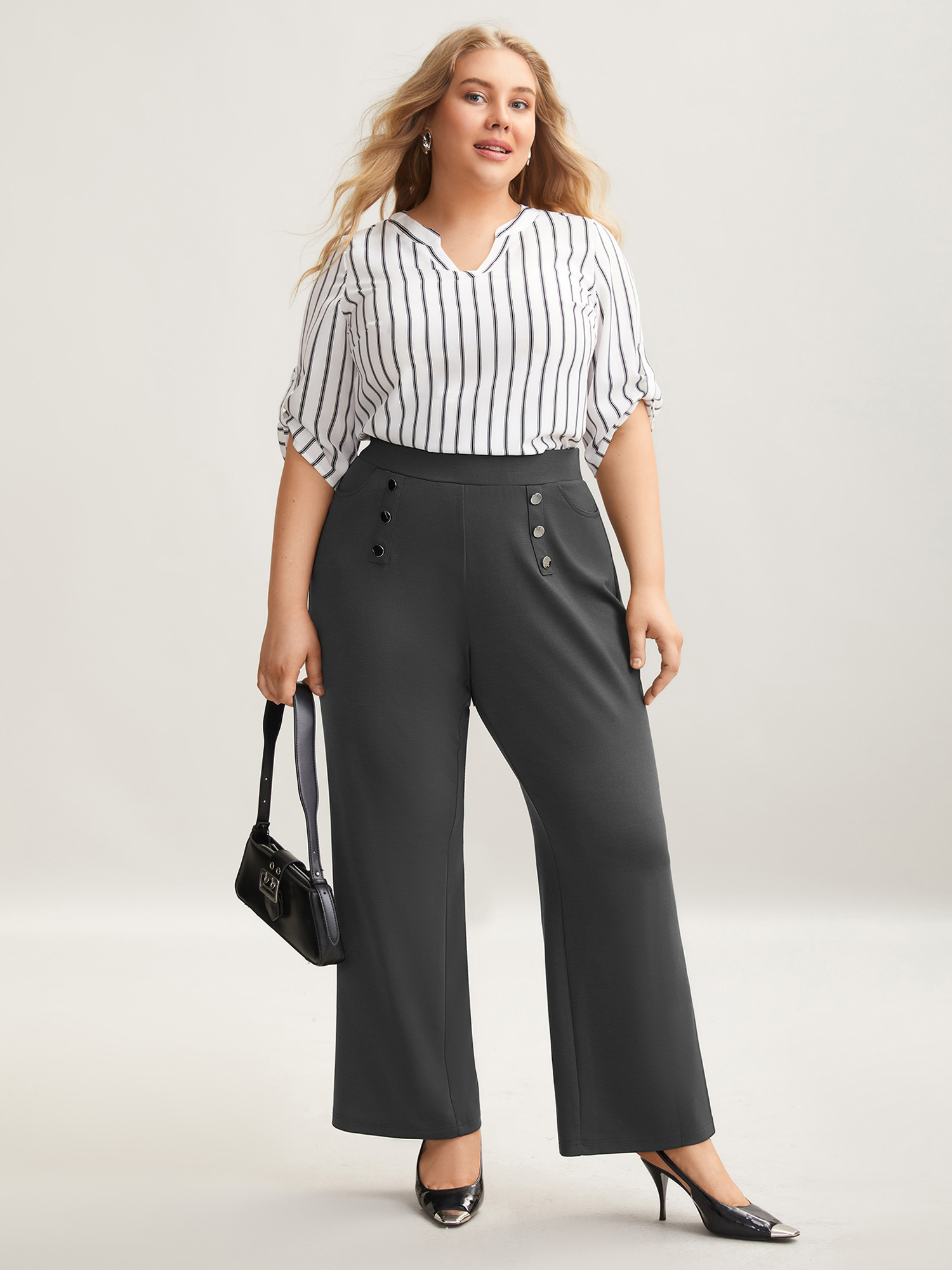 Plus Size Button No-Waist Gap Pull On Pants Women DimGray At the Office Bootcut Mid Rise Work Pants BloomChic 22-24/3X 