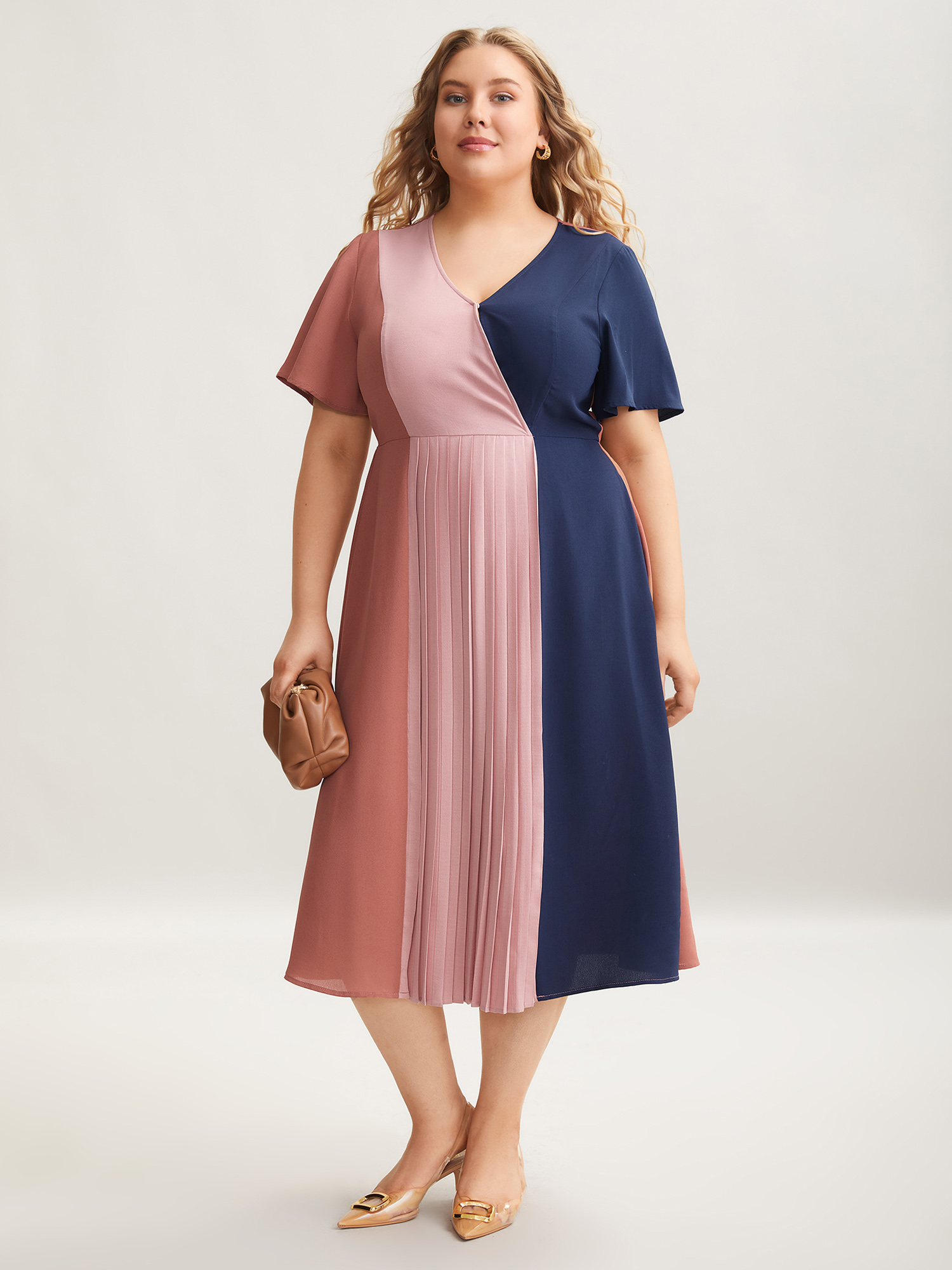 

Plus Size Color Block Pleated Waist-Cinched Midi Dress Multicolor Women At the Office Contrast Overlap Collar Short sleeve Curvy BloomChic