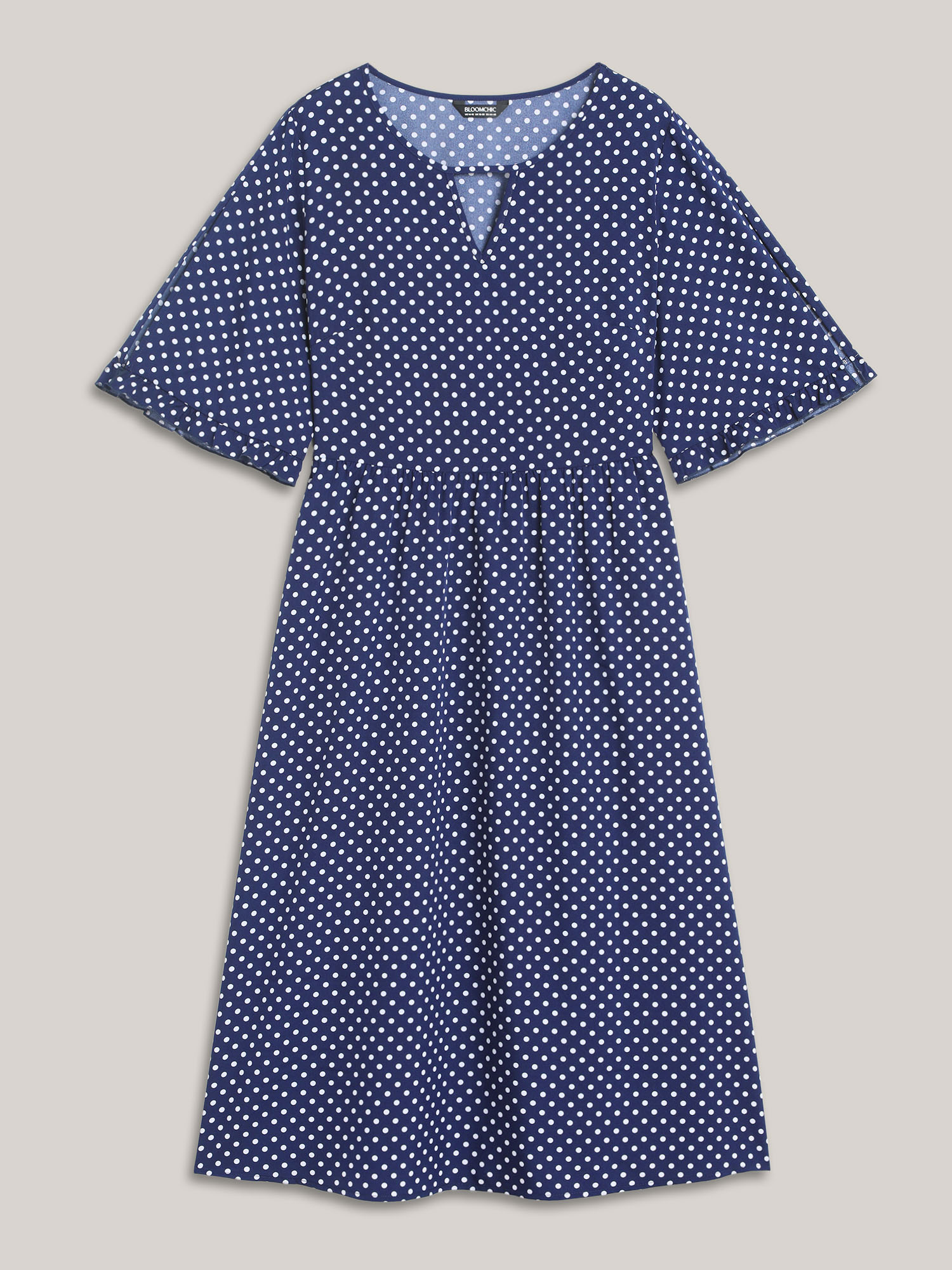 

Plus Size Polka Dot Print Slit Sleeve Pockets Midi Dress Midnight Women At the Office Cut-Out Flat collar with V-notch Short sleeve Curvy BloomChic