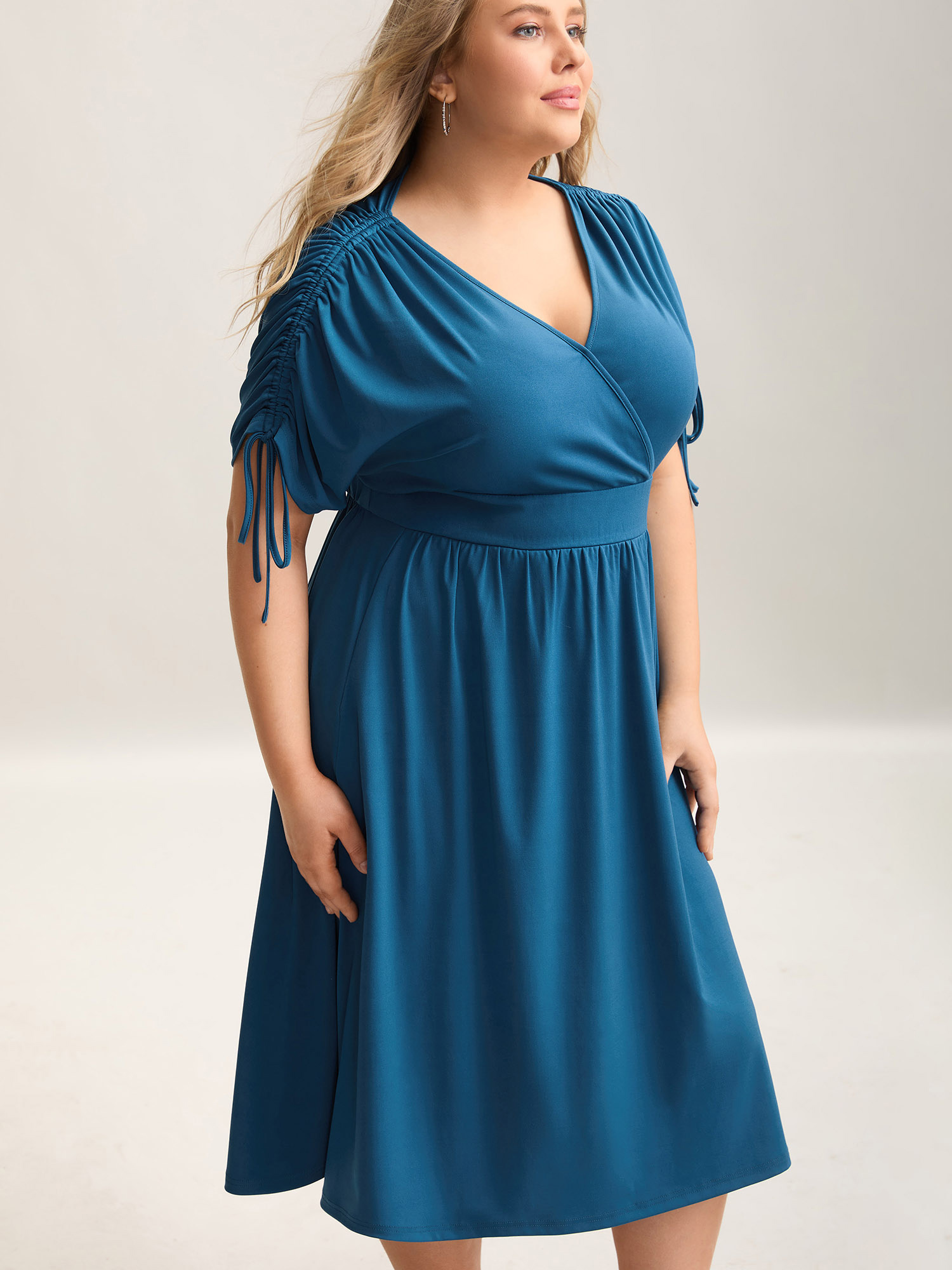 

Plus Size Drawstring Shoulder Surplice Neck Stretchy Midi Dress Cyan Women Casual Drawstring Knit Dresses Bloomchic