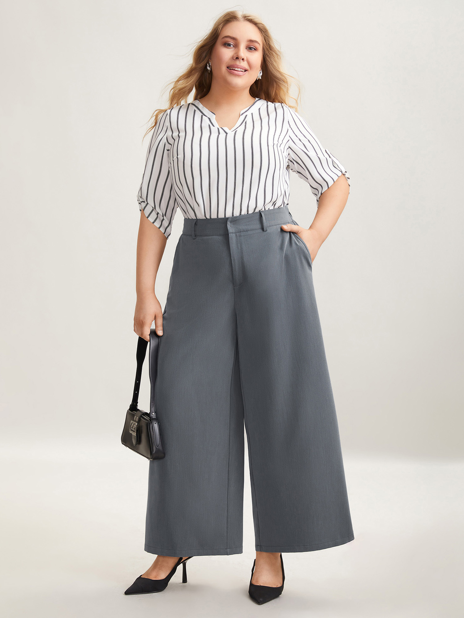 

Plus Size Heathered Stretchy Waist Wide-Leg Pants Women DimGray At the Office Wide Leg Mid Rise Work Pants BloomChic