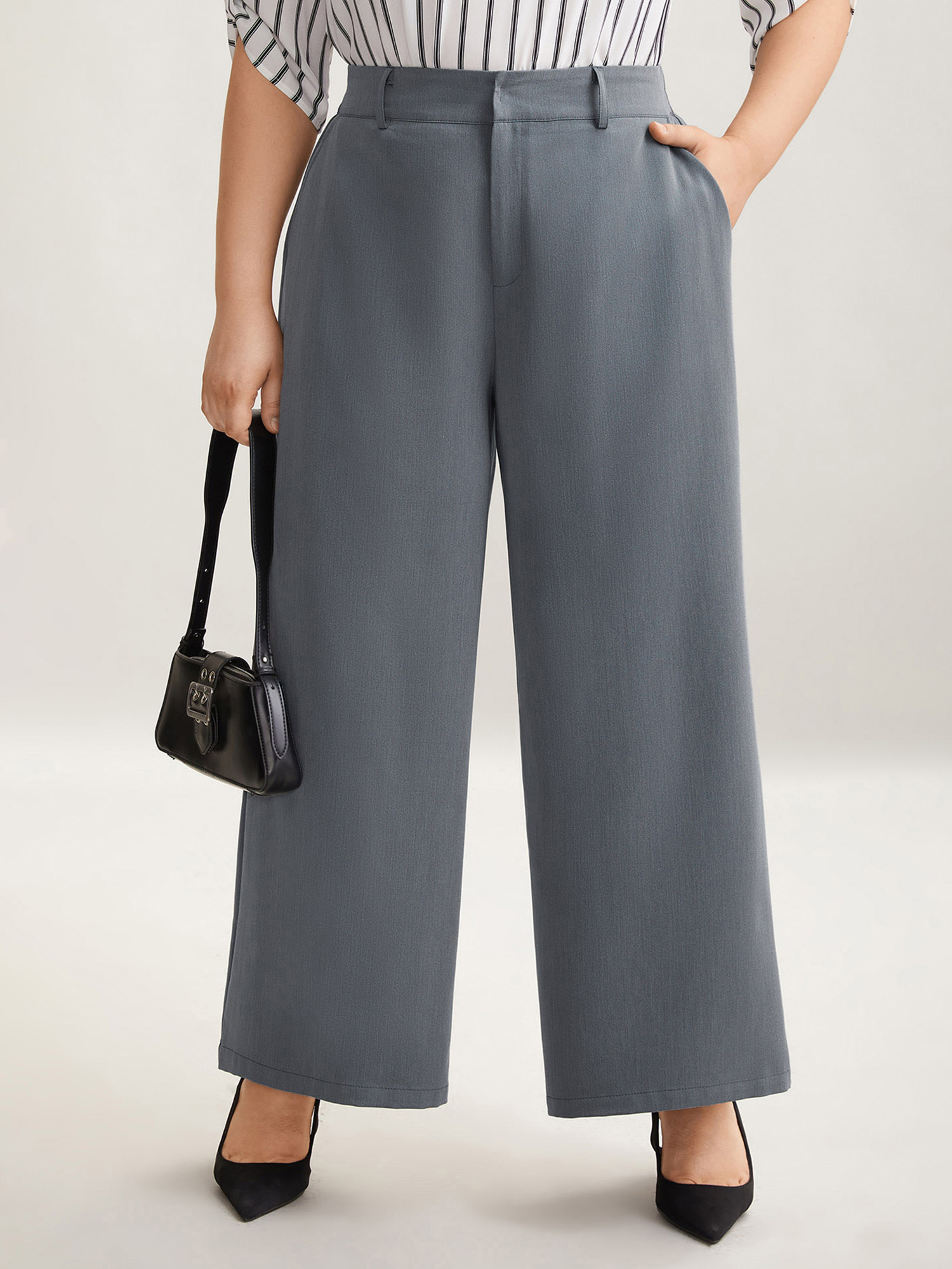 Plus Size Heathered Stretchy Waist Wide-Leg Pants Women DimGray At the Office Wide Leg Mid Rise Work Pants BloomChic 28/5X 