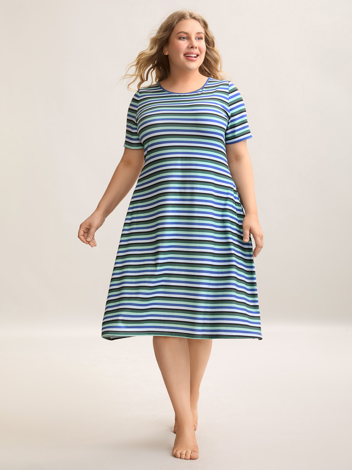 

Plus Size Stretchy Striped Slit Pocket Sleep Dress Mediumblue Short sleeve Round Neck Lounge Everyday  Bloomchic