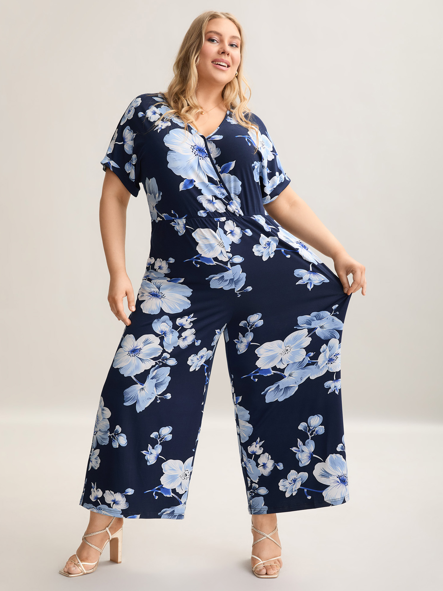 Plus Size DarkBlue Floral Print Knit Surplice Neck Jumpsuit Women Elegant Short sleeve Overlap Collar Everyday Loose Jumpsuits BloomChic 14-16/1X 