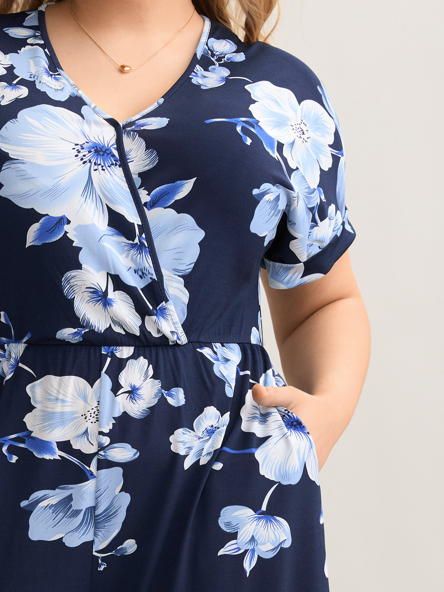 Plus Size DarkBlue Floral Print Knit Surplice Neck Jumpsuit Women Elegant Short sleeve Overlap Collar Everyday Loose Jumpsuits BloomChic 14-16/1X 