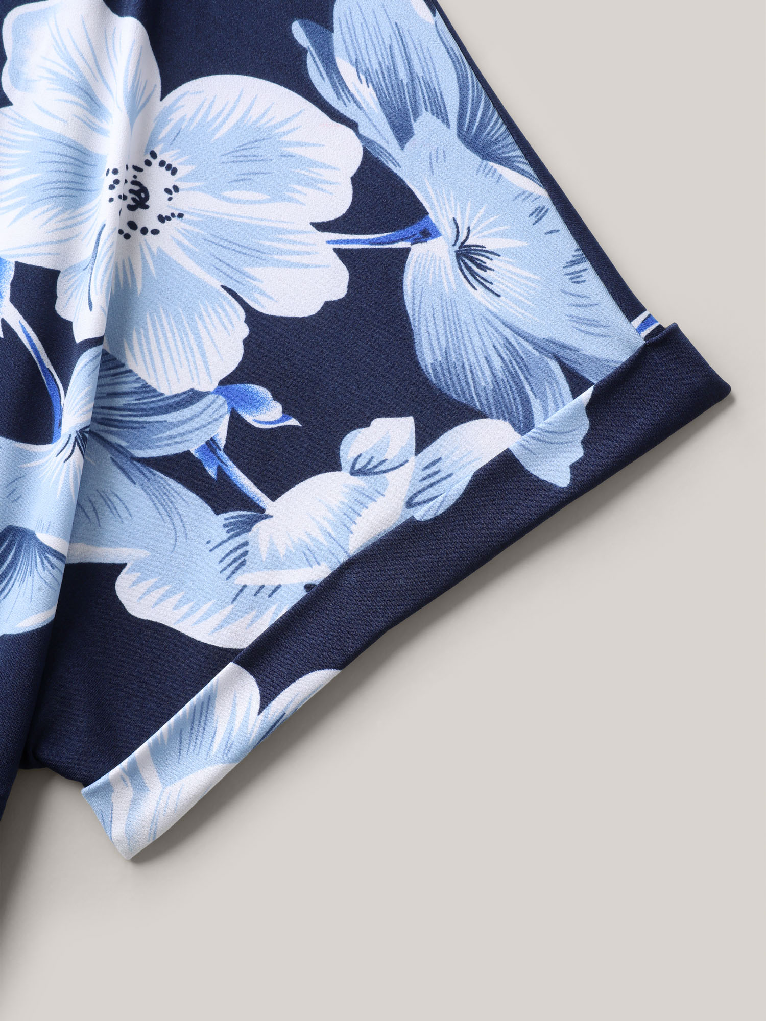 Plus Size DarkBlue Floral Print Knit Surplice Neck Jumpsuit Women Elegant Short sleeve Overlap Collar Everyday Loose Jumpsuits BloomChic 14-16/1X 