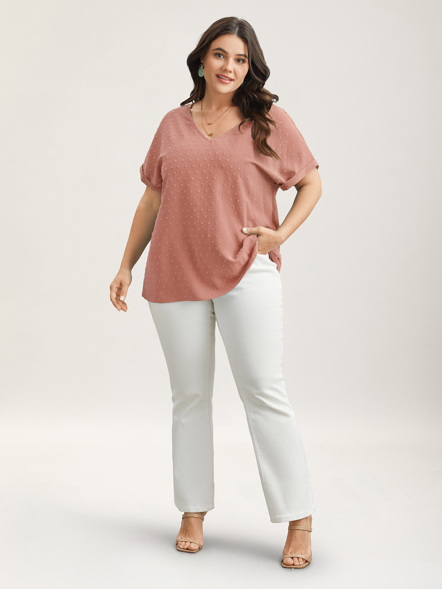 Plus Size Crepe Back-Button Textured V-Neck Shirt Women Elegant Short sleeve V-neck Everyday Blouses BloomChic 10/M 