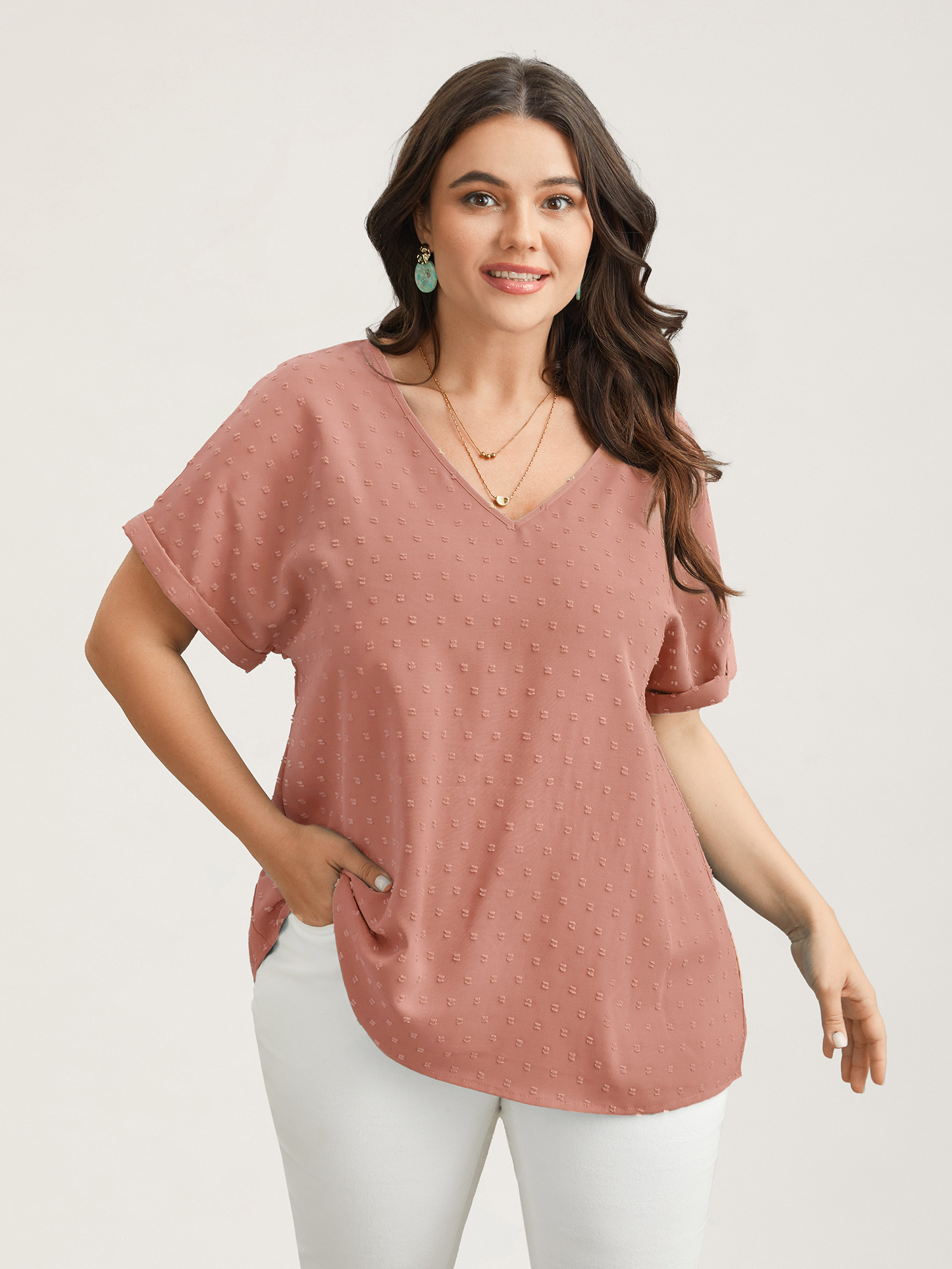 Plus Size Crepe Back-Button Textured V-Neck Shirt Women Elegant Short sleeve V-neck Everyday Blouses BloomChic 10/M 