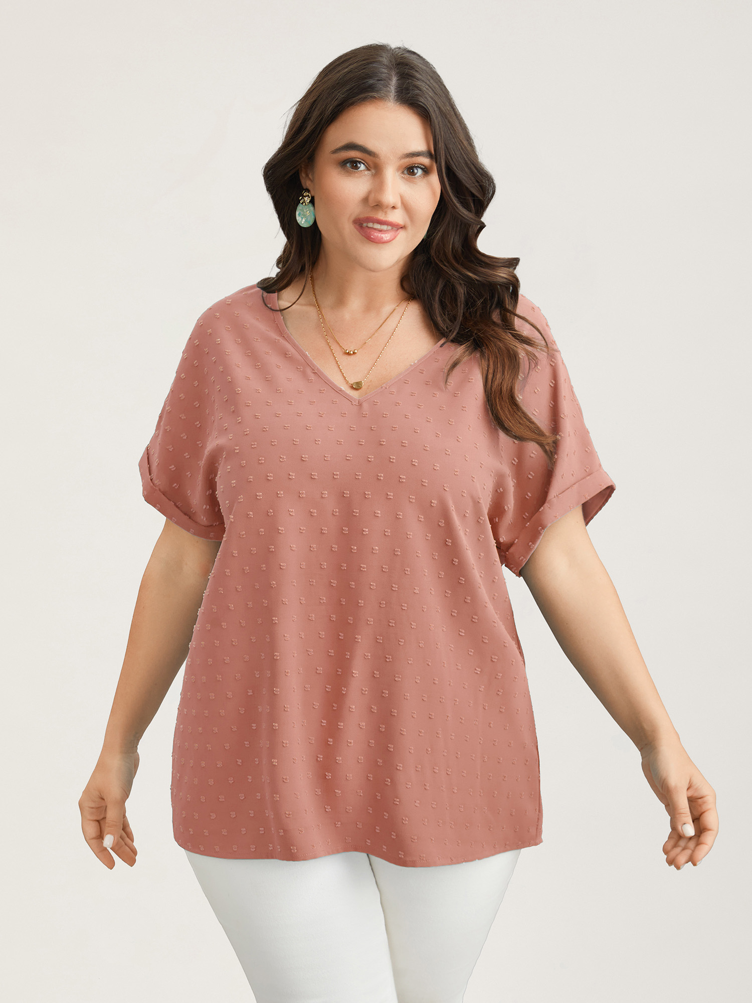 Plus Size Crepe Back-Button Textured V-Neck Shirt Women Elegant Short sleeve V-neck Everyday Blouses BloomChic 10/M 