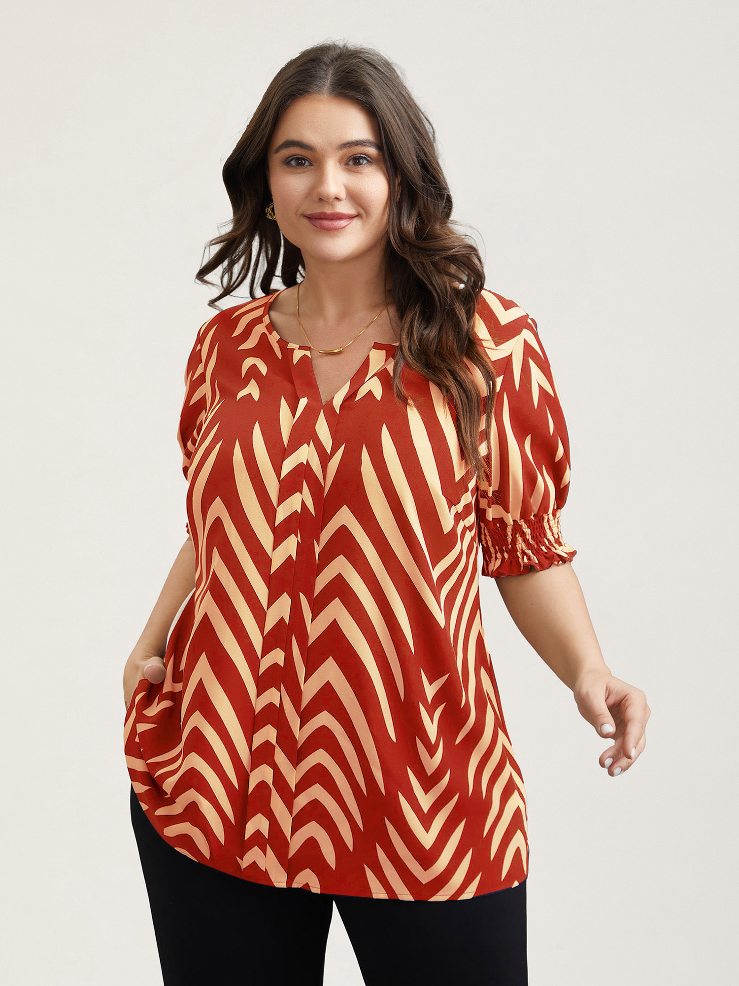 

Plus Size OrangeRed Geometric Print Ruffled Shirred Shirt Women At the Office Half Sleeve Flat collar with V-notch Work Blouses BloomChic