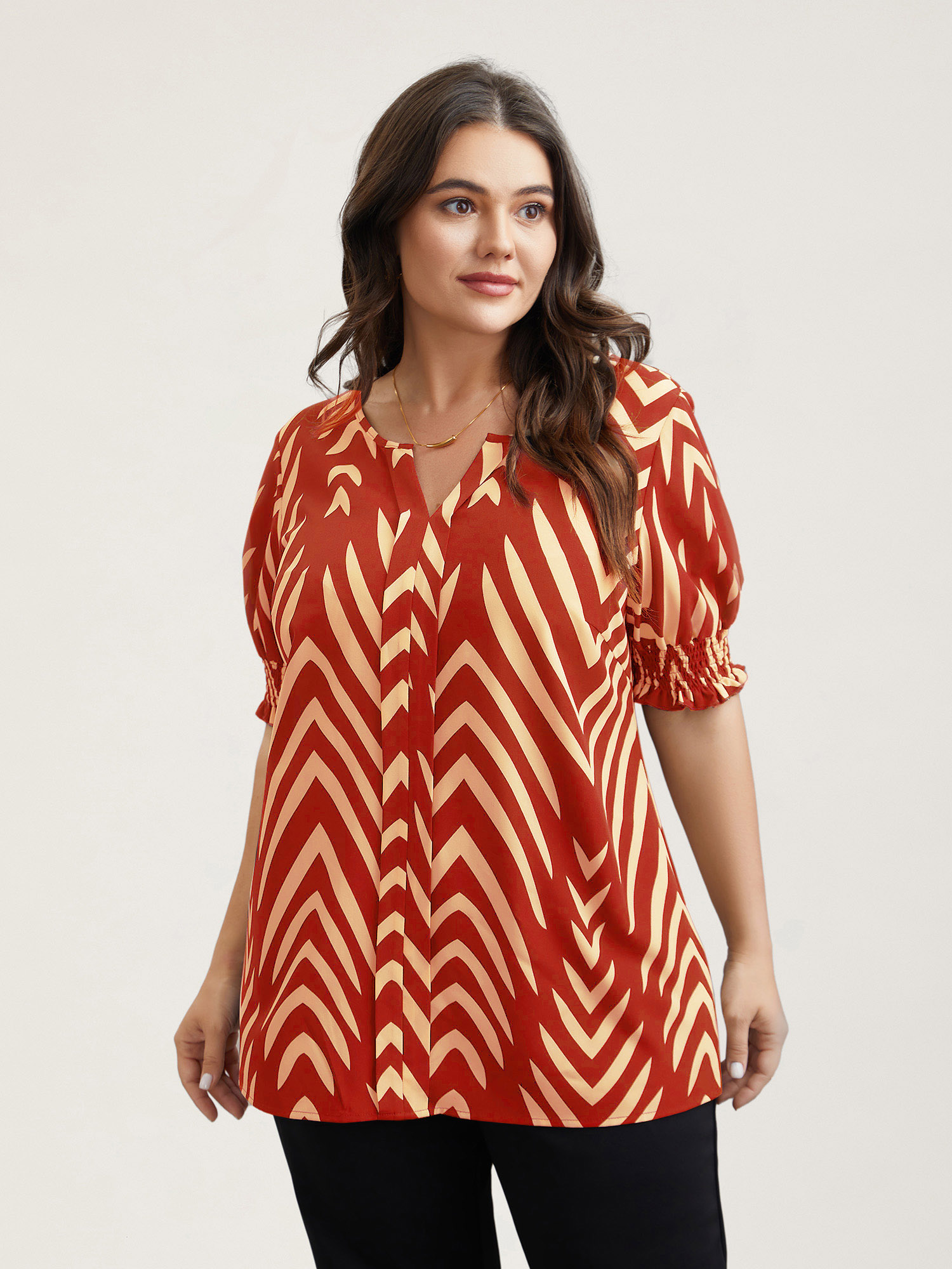 Plus Size OrangeRed Geometric Print Ruffled Shirred Shirt Women At the Office Half Sleeve Flat collar with V-notch Work Blouses BloomChic 10/M 