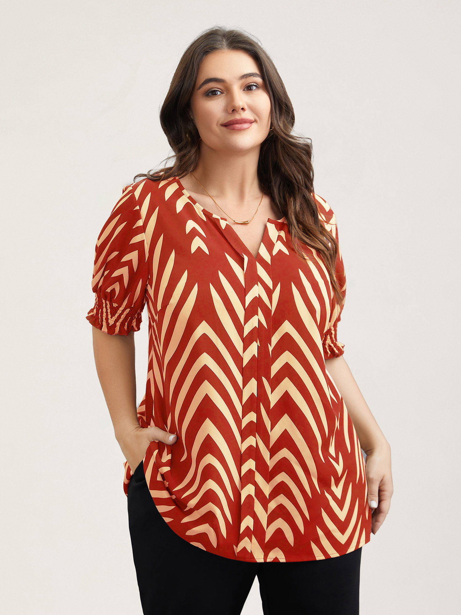 

Plus Size OrangeRed Geometric Print Ruffled Shirred Shirt Women At the Office Half Sleeve Flat collar with V-notch Work Blouses BloomChic