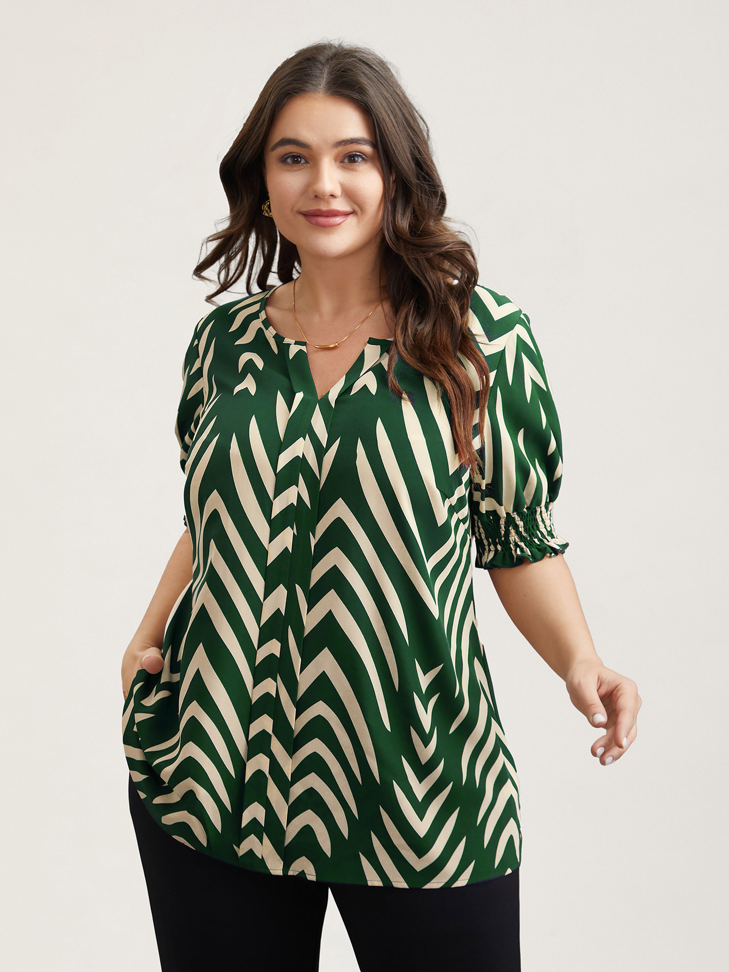 

Plus Size DarkGreen Geometric Print Ruffled Shirred Shirt Women At the Office Half Sleeve Flat collar with V-notch Work Blouses BloomChic